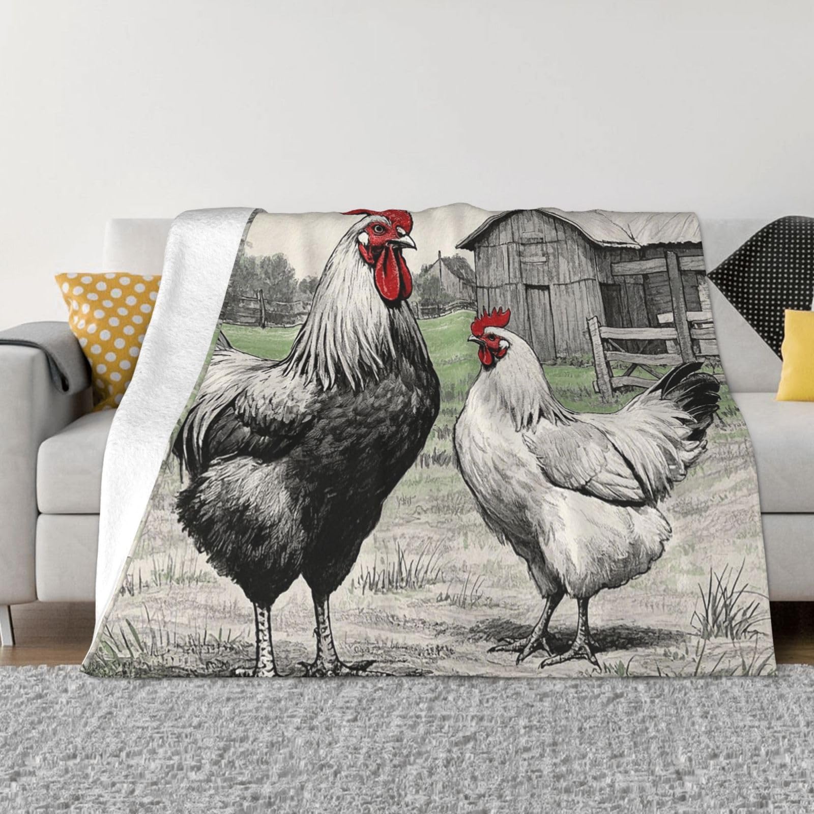 FodPand Rooster and Hen Sketch Farm Fleece Blanket 40"x30" Lightweight Warm Throw Blanket for Bed Couch Cozy Air Conditioning Quilt All Seasons Decorative Fuzzy Blankets Gifts for Women Men