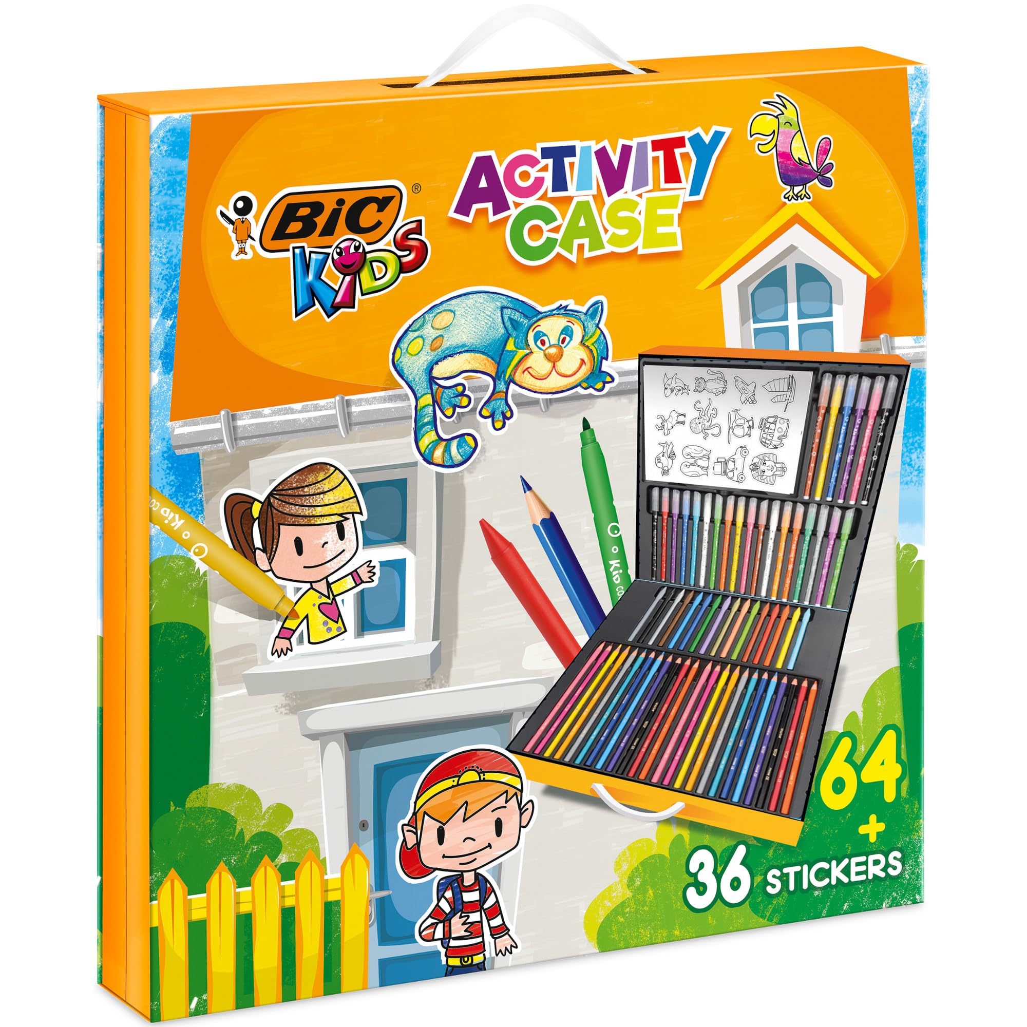 BIC Kids Activity Case, Maletín Creativo de 100 Piezas que incluye 24 Lápices, 24 Rotuladores, 16 Crayones y 36 Adhesivos. Incluye 36 stickers. Ideal para regalo, diversión asegurada.