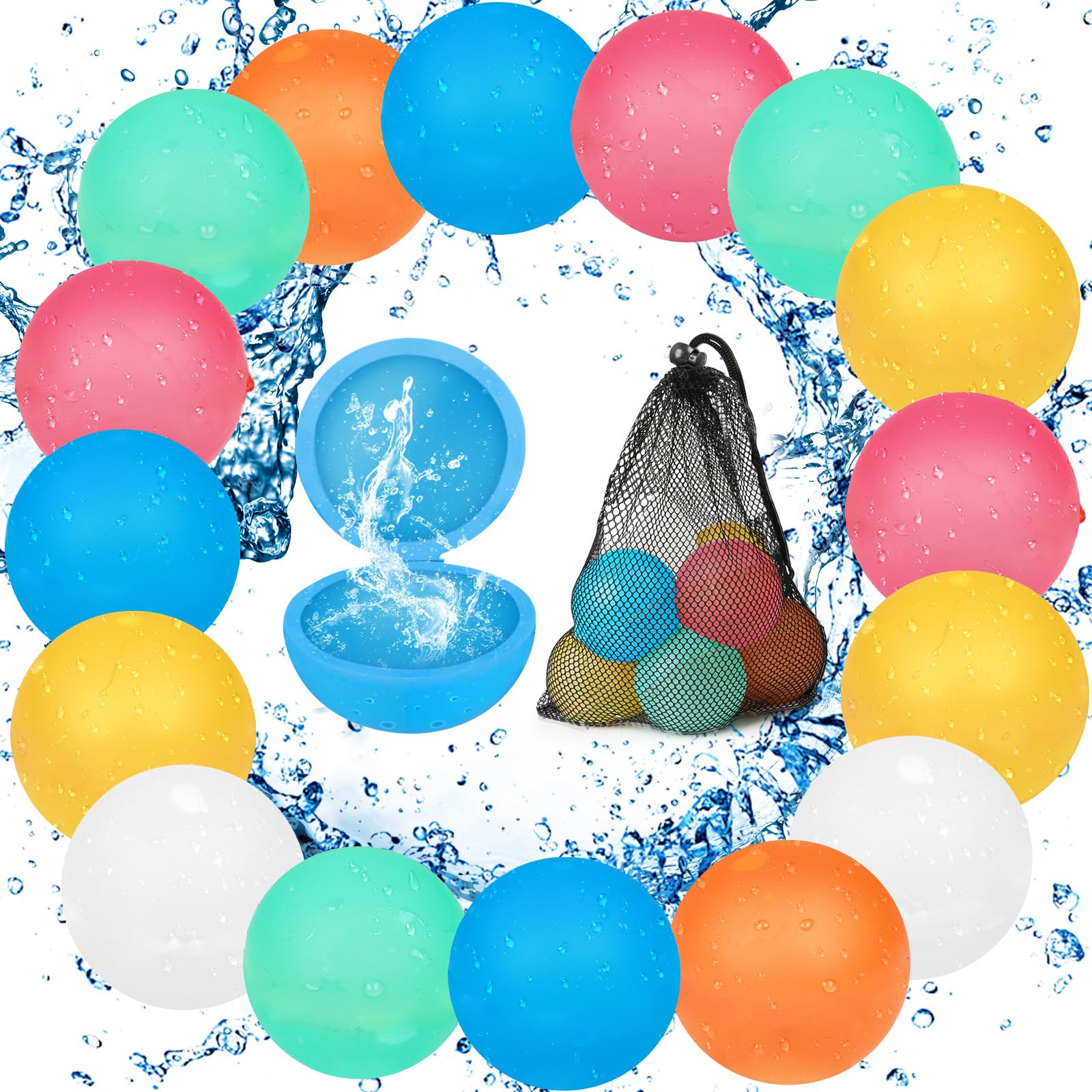 Globos de agua reutilizables, 16 piezas de globos de agua de silicona reutilizables con autocierre y 1 bolsa de malla, globos de agua de llenado rápido para niños y adultos, juguete acuático para
