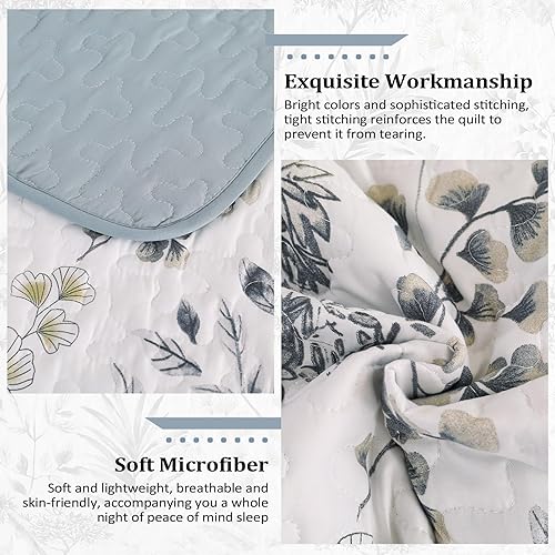 Miniatura 6 de Juego de edredón botánico tamaño King, 3 piezas reversible, elegante diseño de hojas azules, colcha de microfibra suave para toda la temporada (104
