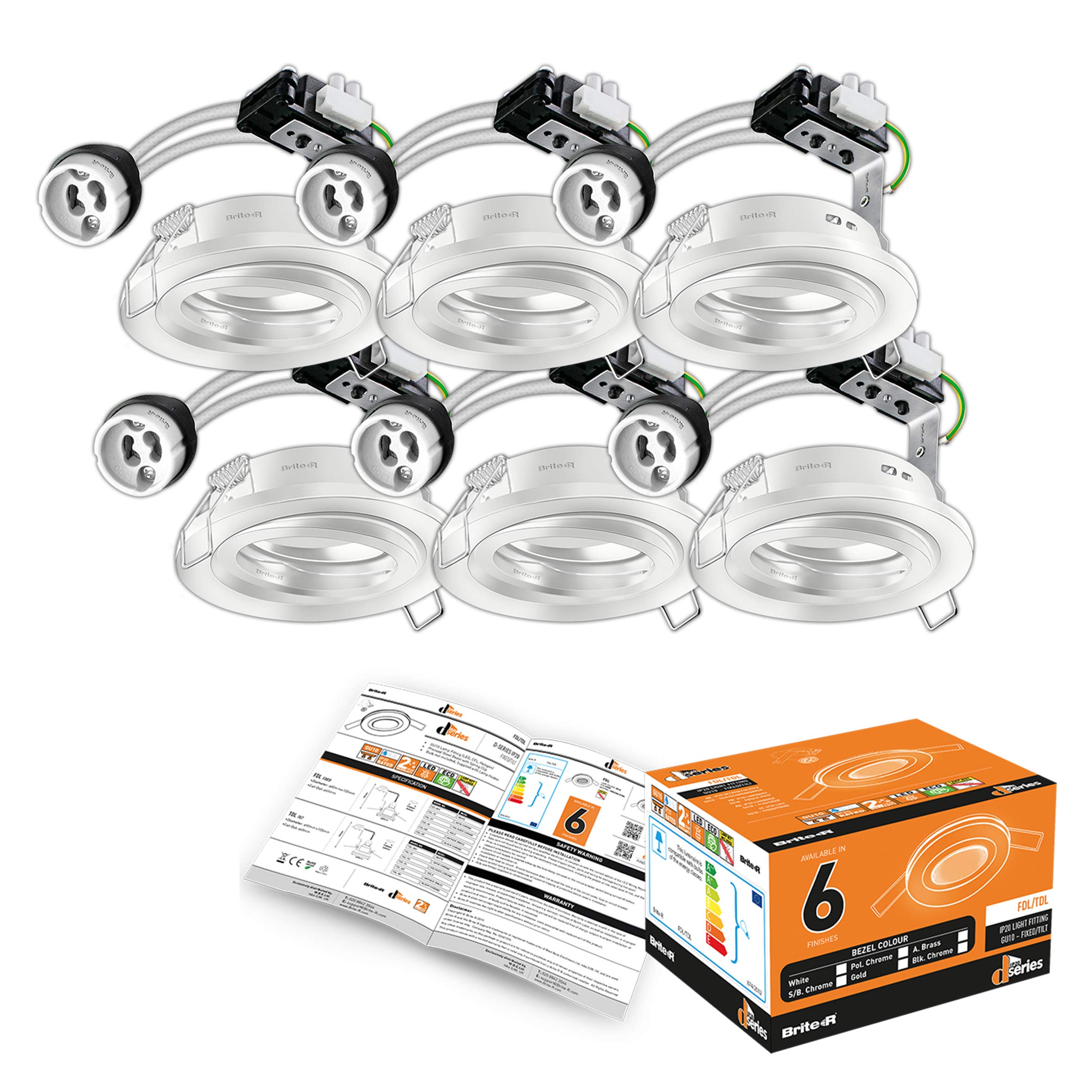 Brite-R 6X GU10 Tilt Swivel Downlight White, LED Spotlight Recessed Ceiling Light Fitting, Pressed Steel, IP20 Rated Halogen Compatible CE Approved Easy Installation 2 Year Warranty No Bulb