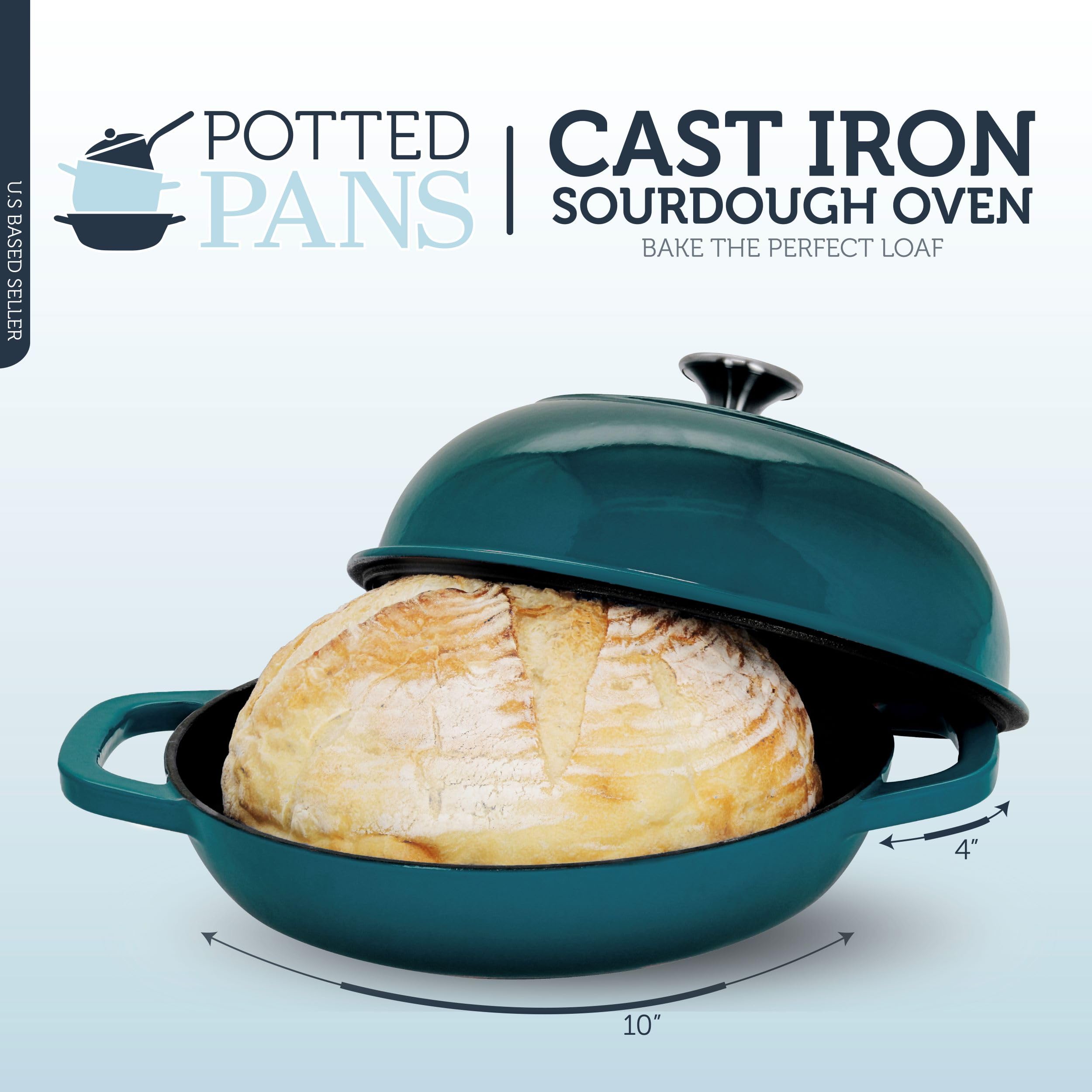 Potted Pans Dutch Oven for Sourdough Baking - 10 Inch Enameled Cast Iron Bread Cloche - Artisan Bakers Ceramic Coated Loaf Pan for Homemade Boule Loaves and No Knead Breads