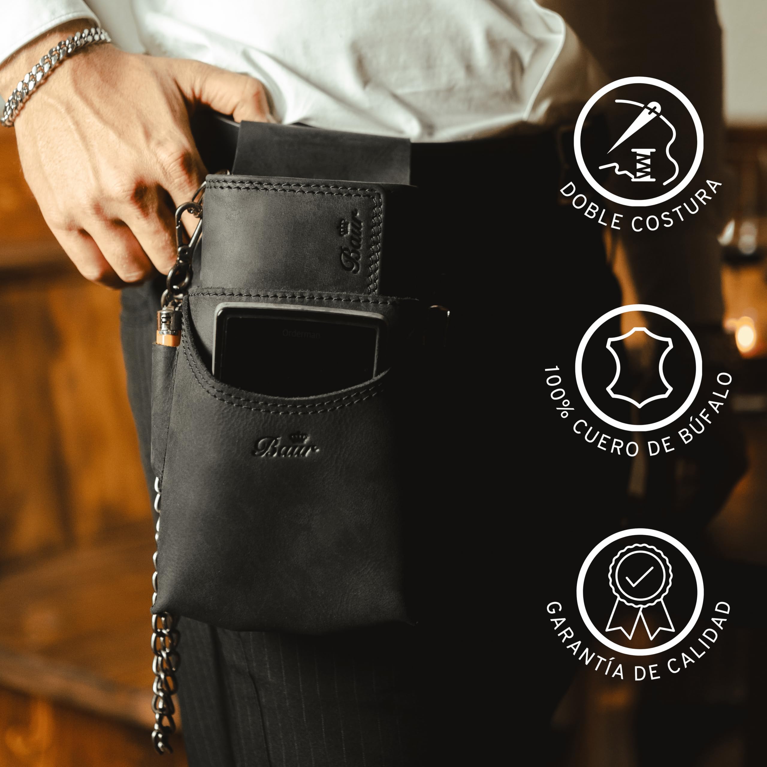 Carteras de camarero de piel de búfalo, Negro , 28 x 8 x 15 cm, Set grande con cierre de botón a presión