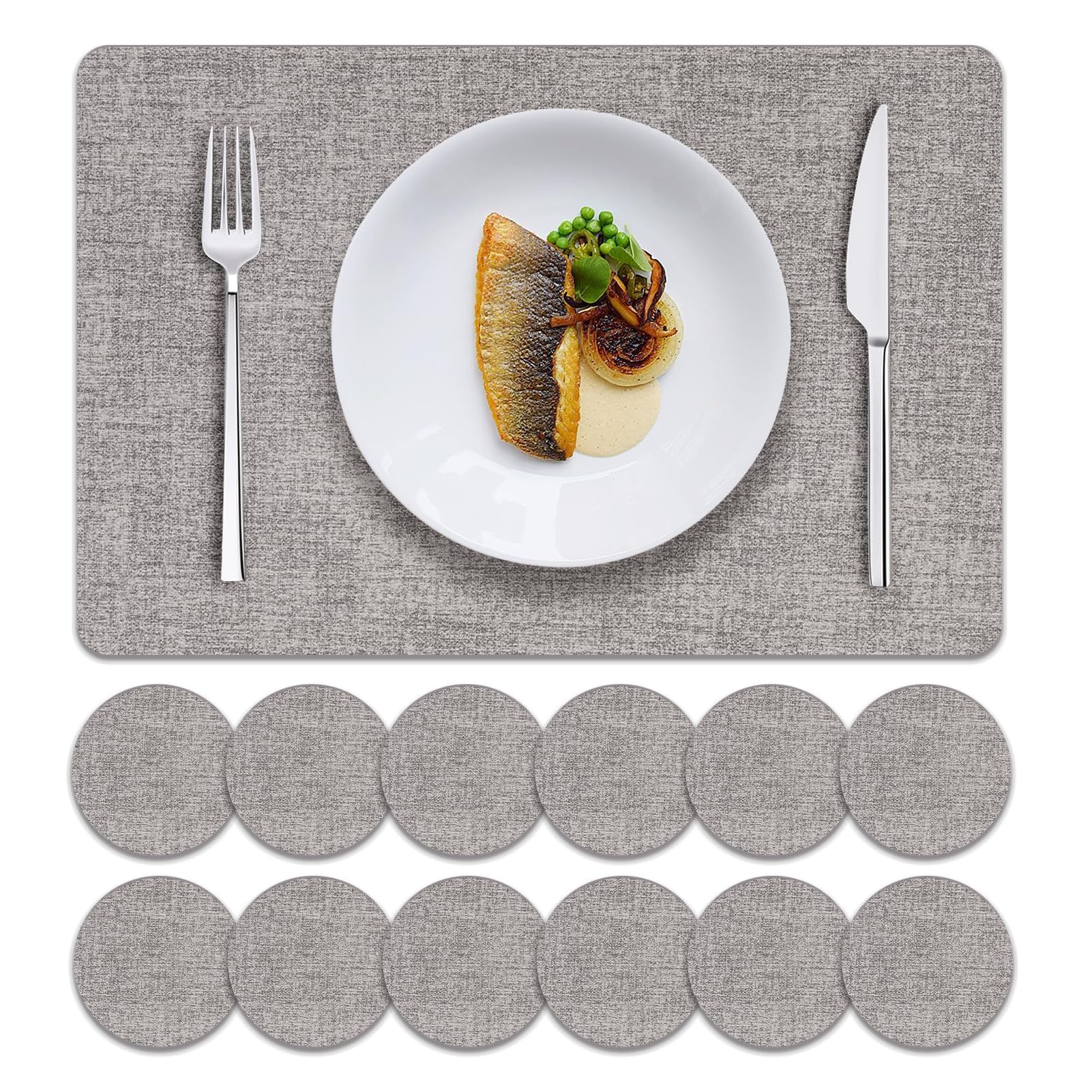 MOSAYT Faux Leather Placemats Set of 12-12 x 18 Inch - Heat Resistant Vinyl Place Mats with Coasters, Wipeable Washable Waterproof Oil Proof Table