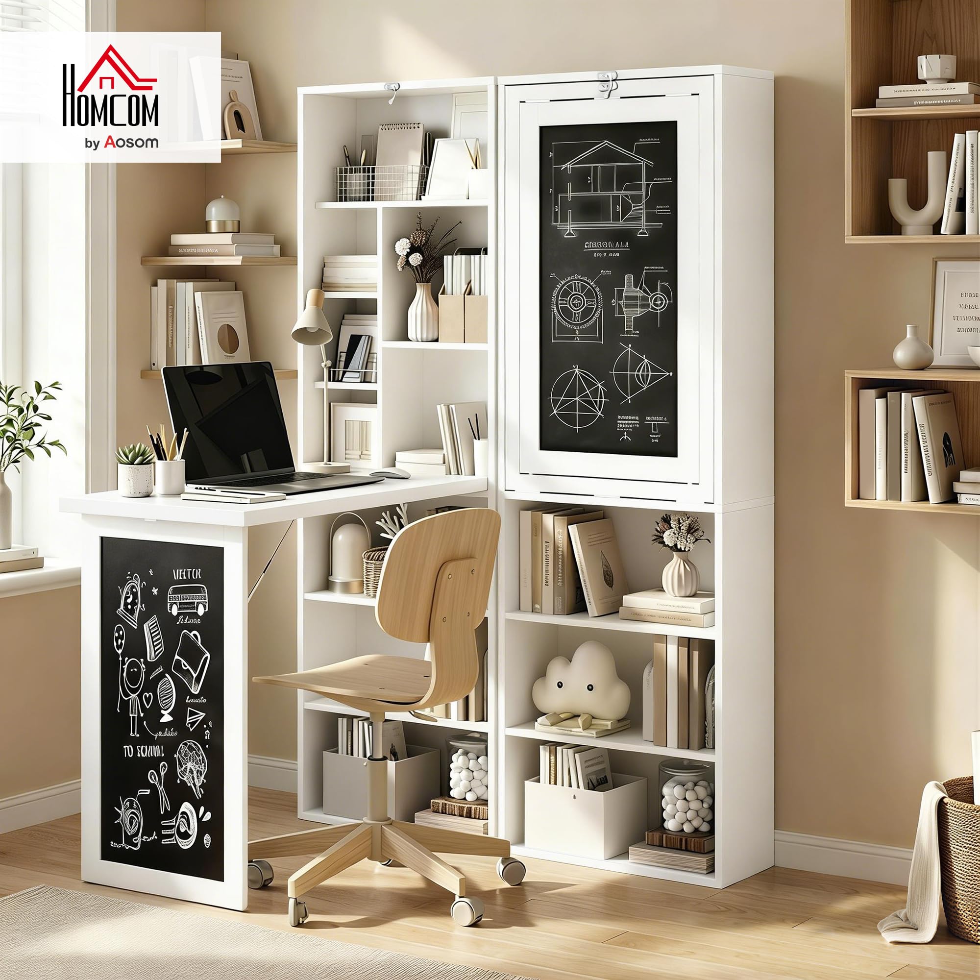 HOMCOM Scrivania con Libreria e Lavagna, Scrivania Salvaspazio con Piano Pieghevole in Legno di Pino, Tavolo da Lavoro con Ripiani Regolabili, per Cameretta, Studio, Ufficio, 98x51x153 cm, Bianco