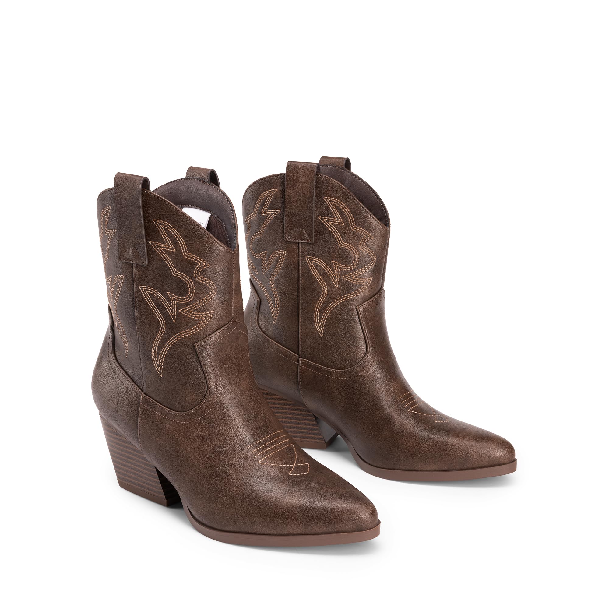 DREAM PAIRS Stivali da cowboy da donna ricamati con cuciture corte in stile western, tacco basso grosso, punta a punta, stivaletti alla caviglia