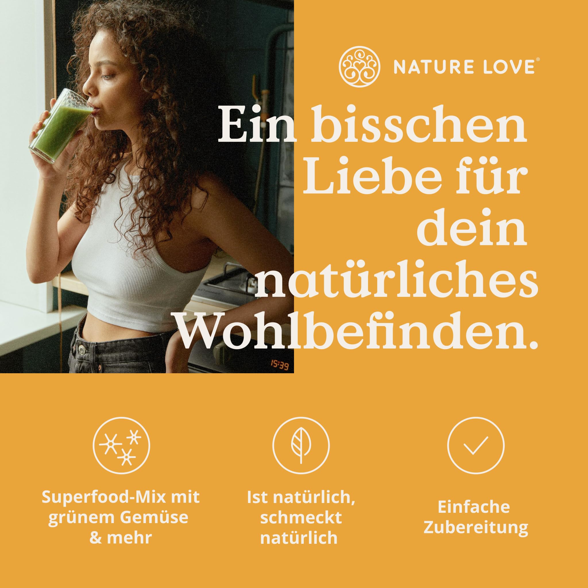 NATURE LOVE® Green Superfood - 300g - 15 Superfoods und 2 Vitalpilze - u.a. mit Gerstengras, Spirulina & Moringa - Greens Pulver ohne Aromen, Süßstoffe oder zugesetzten Zucker - vegan & laborgeprüft