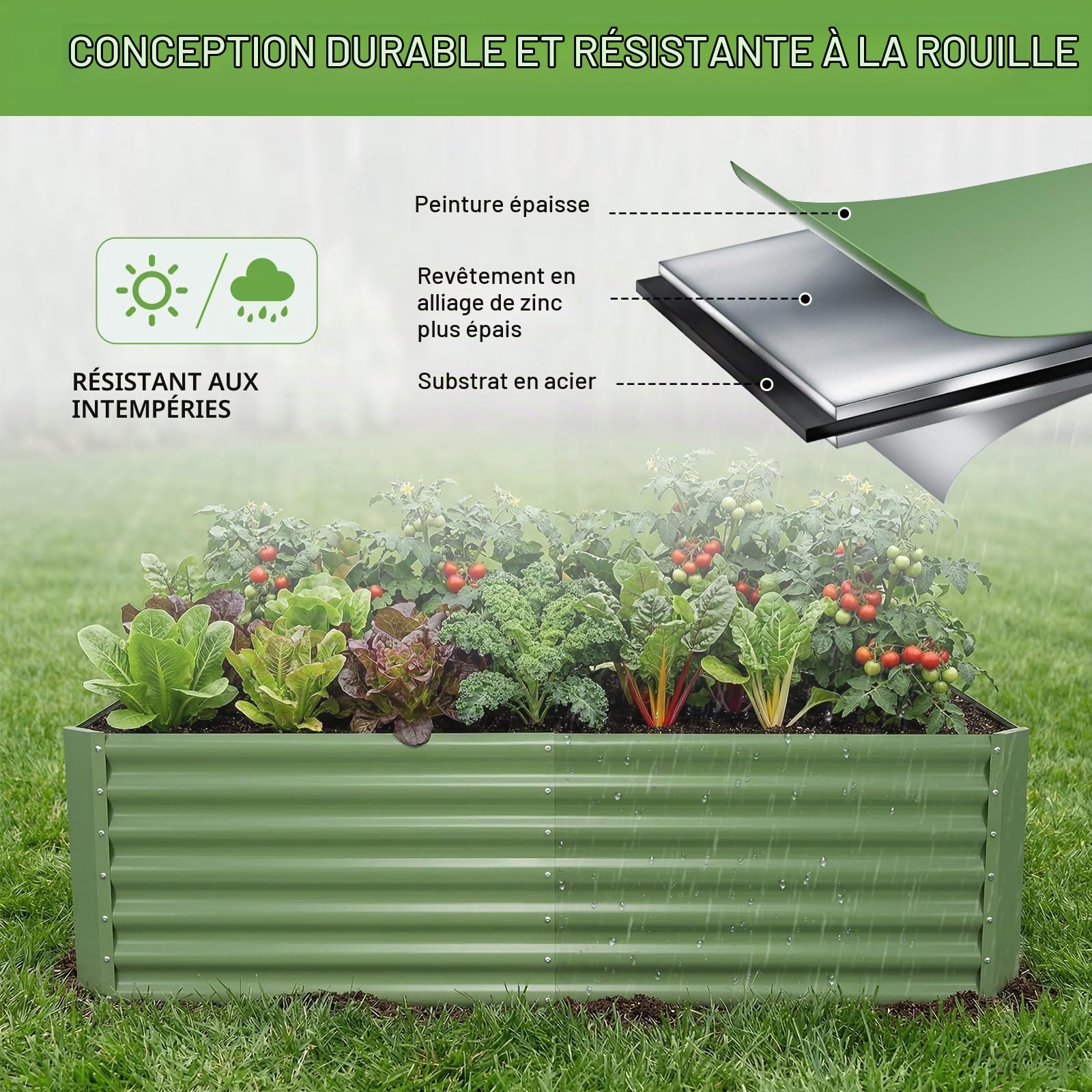 INNO STAGE Jardinière surélevée galvanisée - 180 x 90 x 53 cm - Jardinière surélevée en métal pour l'extérieur - Grands parterres surélevés en acier pour légumes et fleurs - Jardinières d'extérieur