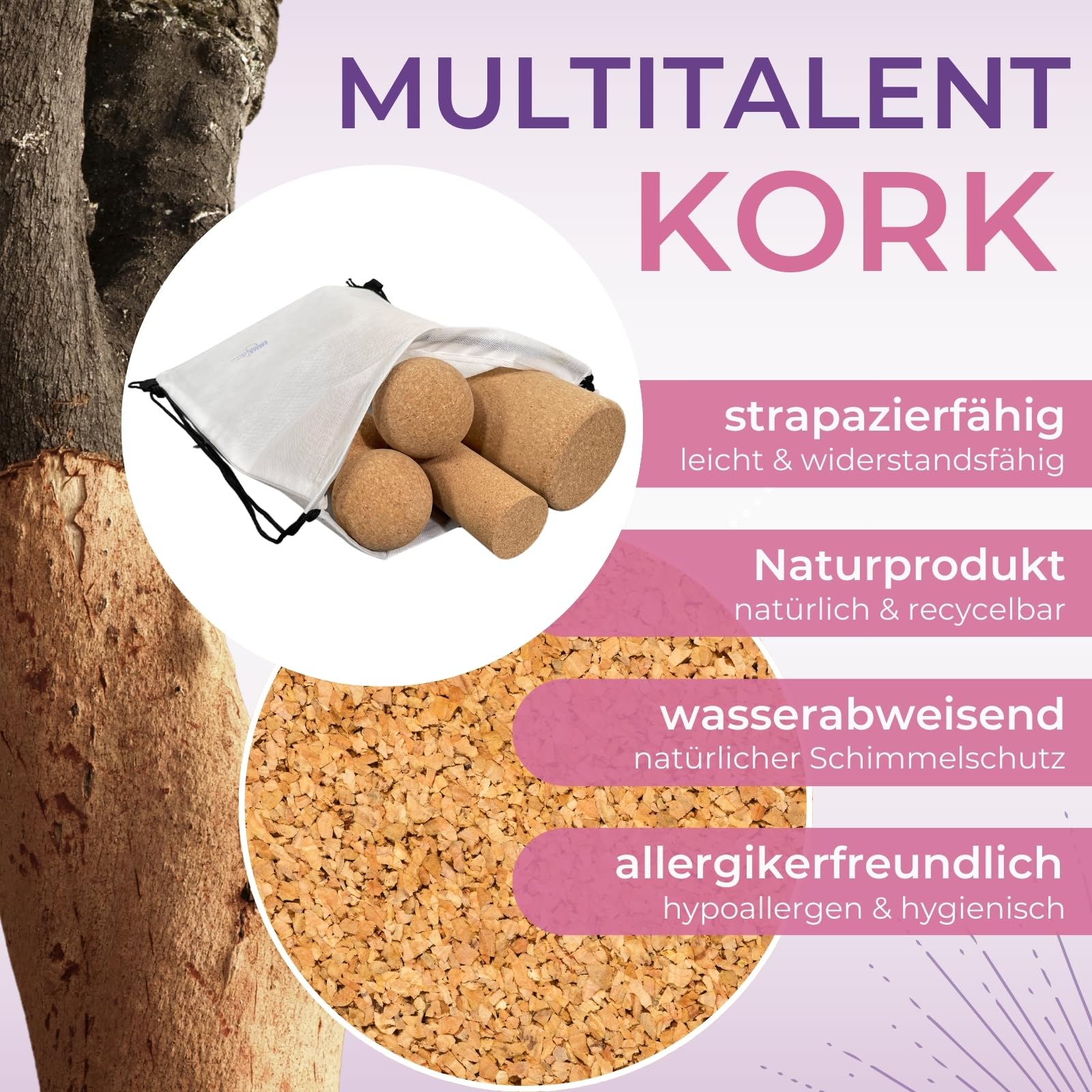 EMMAfit Kork Faszienset I Set aus 2x Faszienrolle + 1x Faszienball + 1x Twin-Ball I Set für Triggerpunkt-Massage & Faszientraining I hygienisch & umweltfreundlich I Selbstmassage-Set aus Kork
