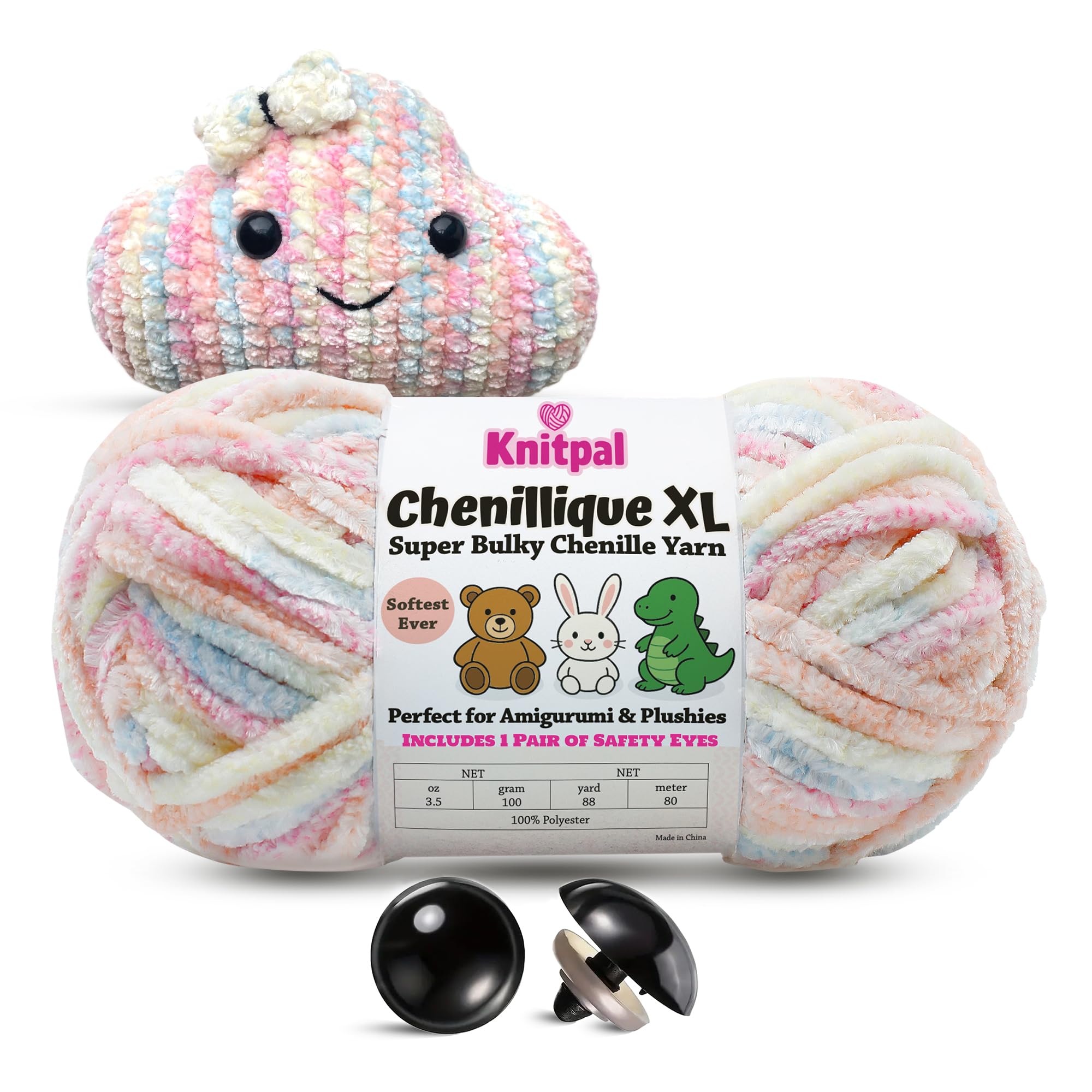 Chenillique XL Super Bulky Chenille Yarn  100g Skein (88 Yards) + Safety Eyes + Free Plushie Pattern  Plush Polyester Yarn for Amigurumi, Crochet & Knitting - Pastel Dreams Pastel Dreams Pack of 1