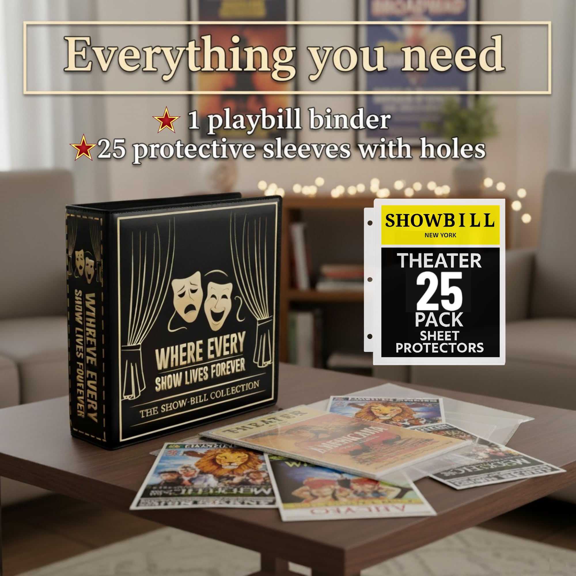 Broadway Playbill Binder with sleeves, Playbill Theater Holder & Showbill binder Organizer Album, Playbill Gifts for Women & Men, and Musical Theater Show Lovers, 25 protective sheets