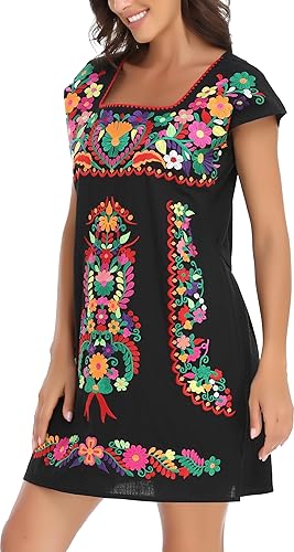 Miniatura 7 de YZXDORWJ Vestido bordado mexicano sin mangas con cuello de volantes para mujer