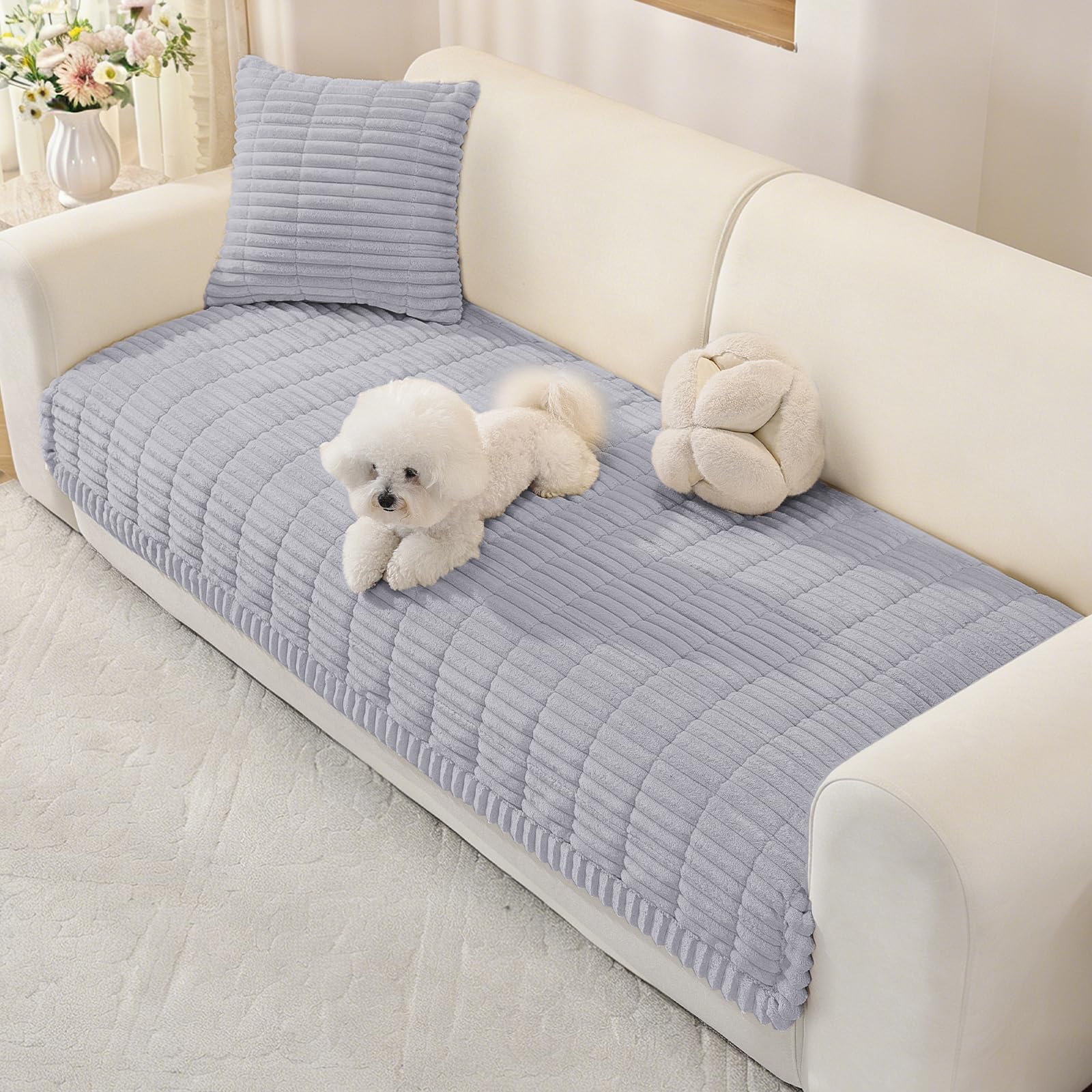XINEAGE Thick Sofa Covers Washable, Soft Flannel Sofa Cover 2 3 4 Seater, Fuzzy Sofa Slipcovers Non-Slip, Couch Seat Covers Furniture Protctors for Dogs, Pets (90x160cm, Light Grey)