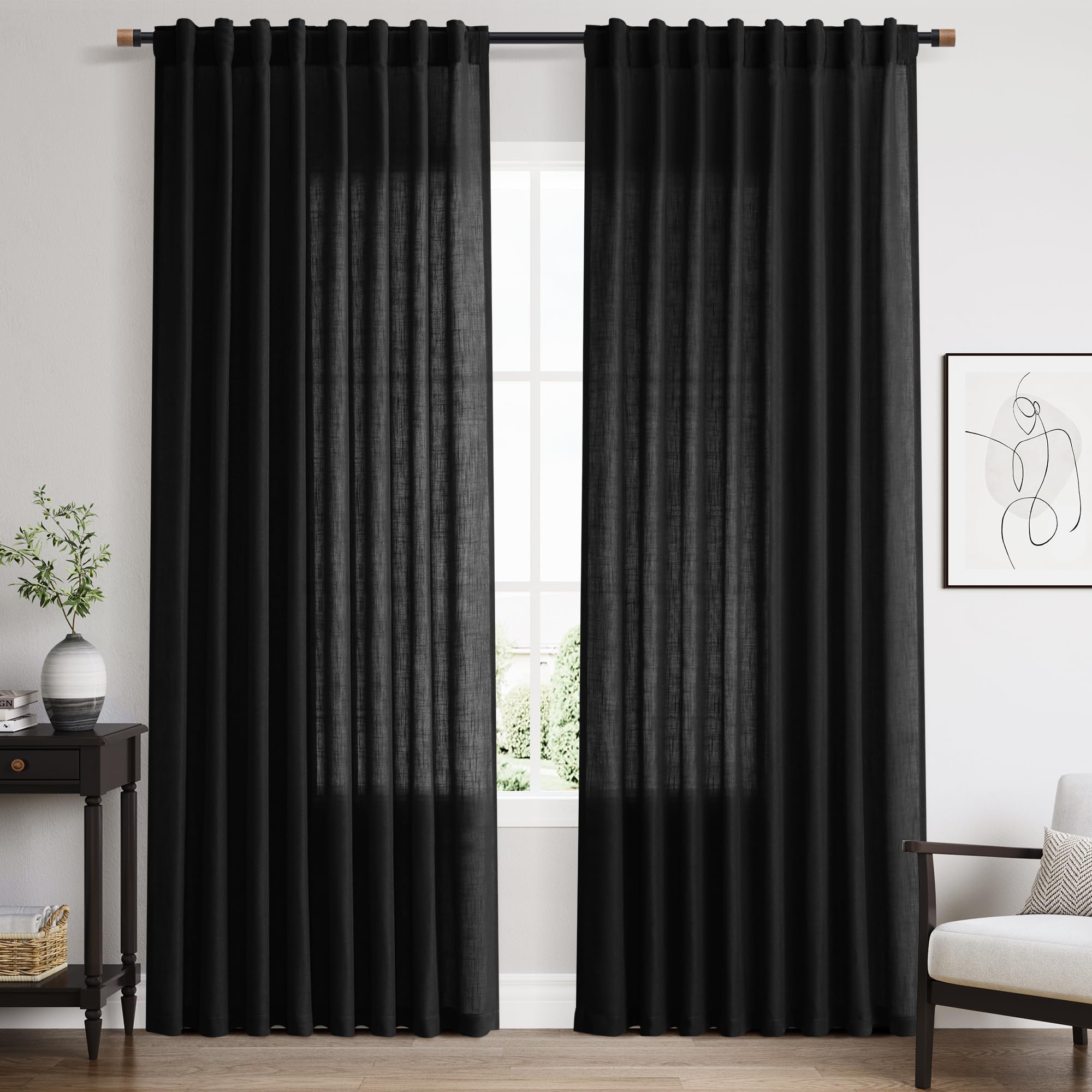 Photo 1 of Nanspring Linen Curtains 84 Inch Length for Living Room Bedroom Black Simple Modern Semi Sheer Curtains Set Back Tab Rod Pocket Cotton Textured Privacy Drapes 60x84, 2 Panels