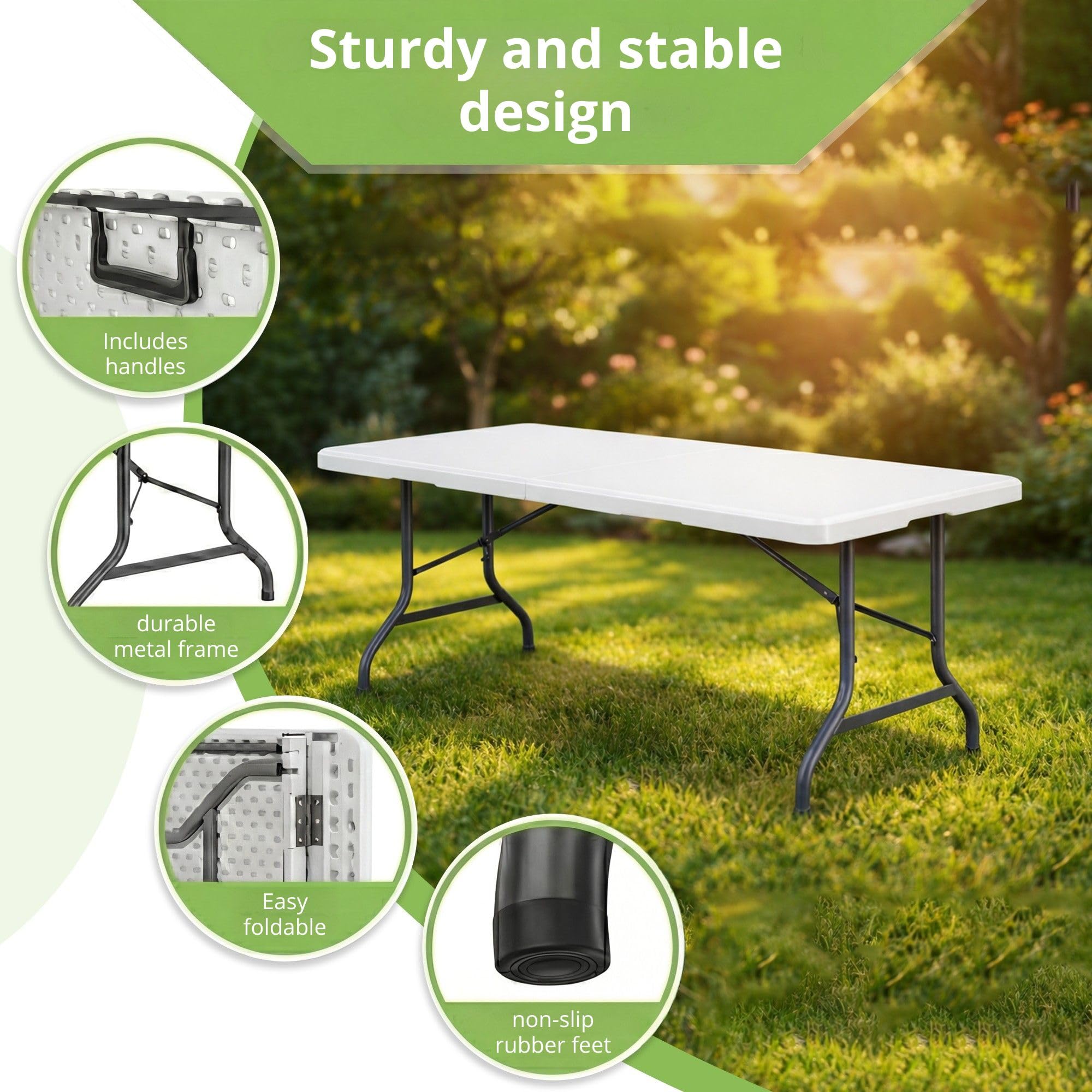 Table De Pique-Nique Pliante De 1,8 M - Tables De Camping D'Extérieur Robustes Blanches | Table De Jardin De 180 Cm pour 8 Personnes | Bureau Rectangulaire Pouvant Supporter 200 Kg
