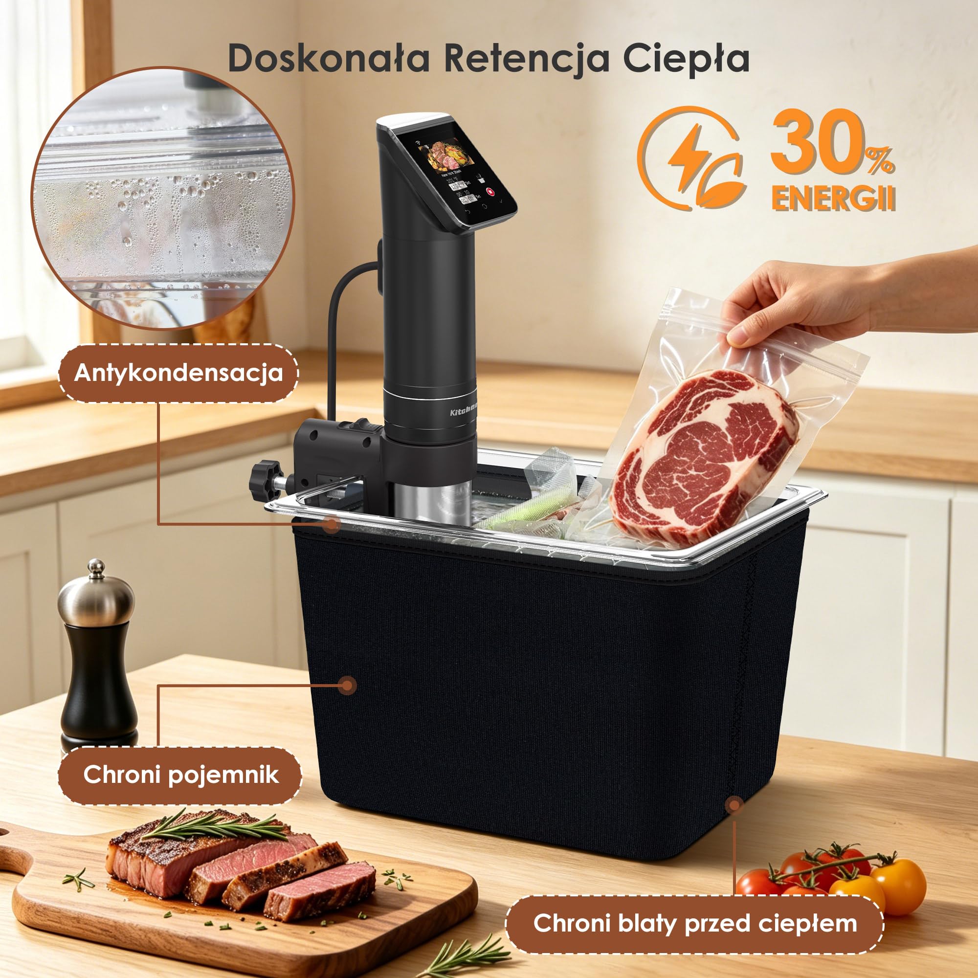 KitchenBoss Pojemnik Sous Vide 11L z Pokrywką i Rusztem ze Stali Nierdzewnej - Kompletny Zestaw z Osłoną Izolującą, Kompatybilny z Większością Ronerów, do Długiego i Równomiernego Gotowania