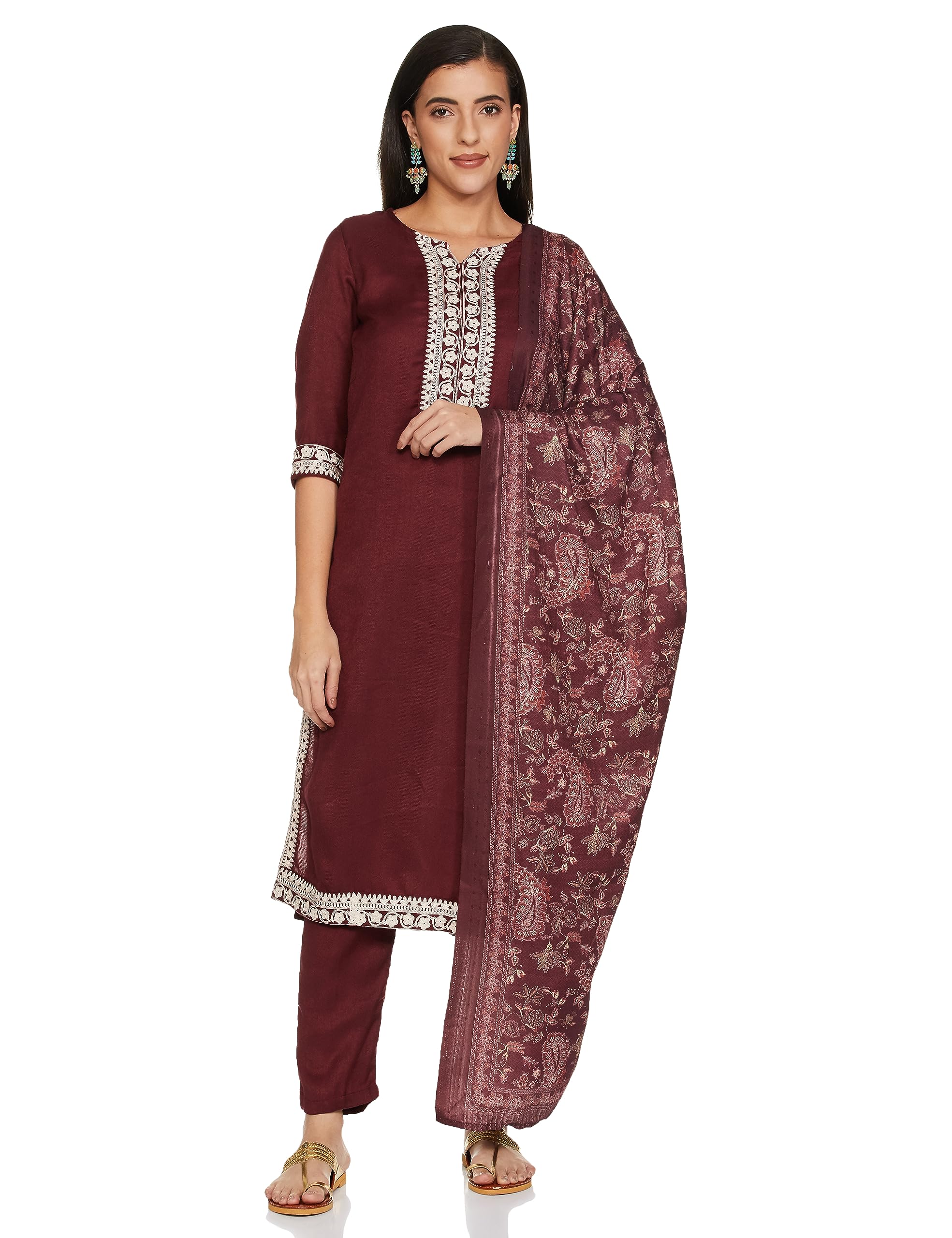 Ketch Women Polyester Regular Fit Threeforth Sleeve Ethnic Kurta Pant Dupatta Set in neutral