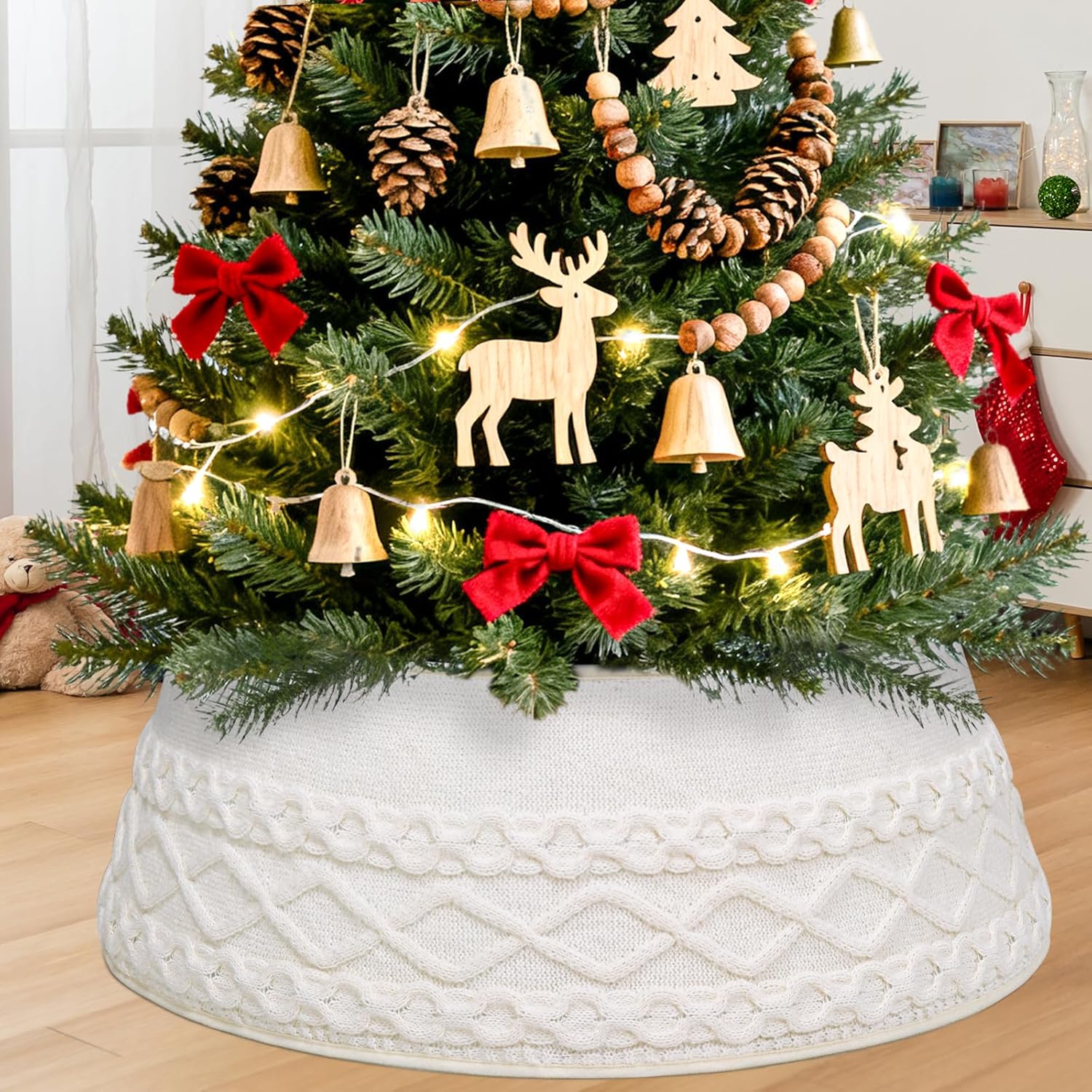 Knitted Christmas Tree Collar, Cable Knit Christmas Tree Skirt Xmas Tree Stand Base Cover Rustic Handmade Tree Ring Tree Skirt for Artificial Trees Christmas Farmhouse Home Decor (White)