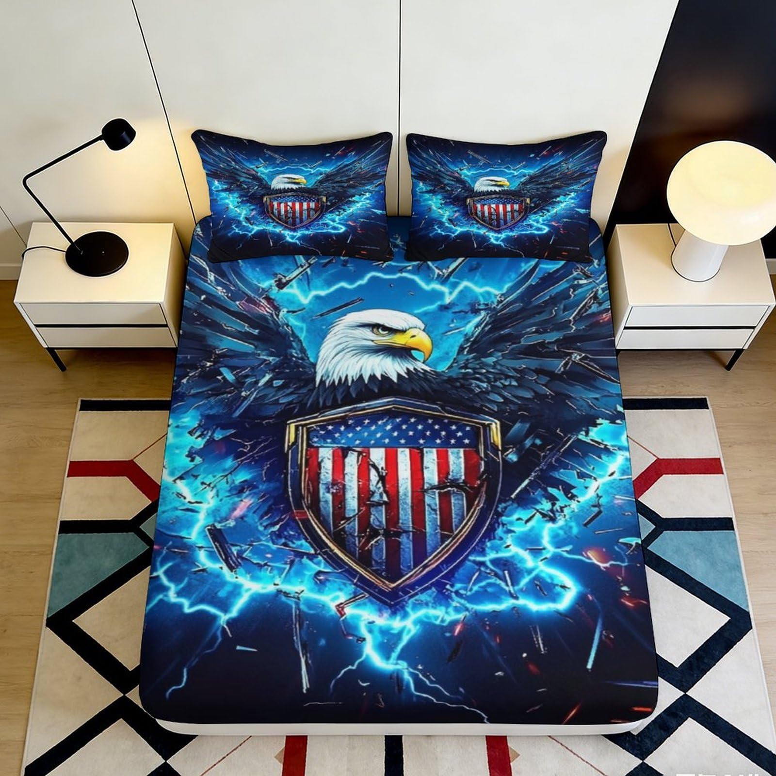 3D Printed Electric Eagle Fitted Sheet Microfiber Blue Lightning Shield Mattress Cover for Bedroom Dorm Decor 180x200x25cm