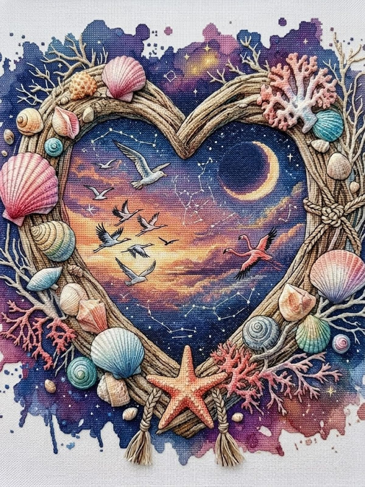 CAYLEKI Moonlit Coast Cross Stitch Kit 40x30cm 11CT Embroidery Set - Complete DIY Craft for Adult Beginners with Pre-Printed Fabric, Eco Threads, Needles & Seashell Design, Heart Frame & Twilight