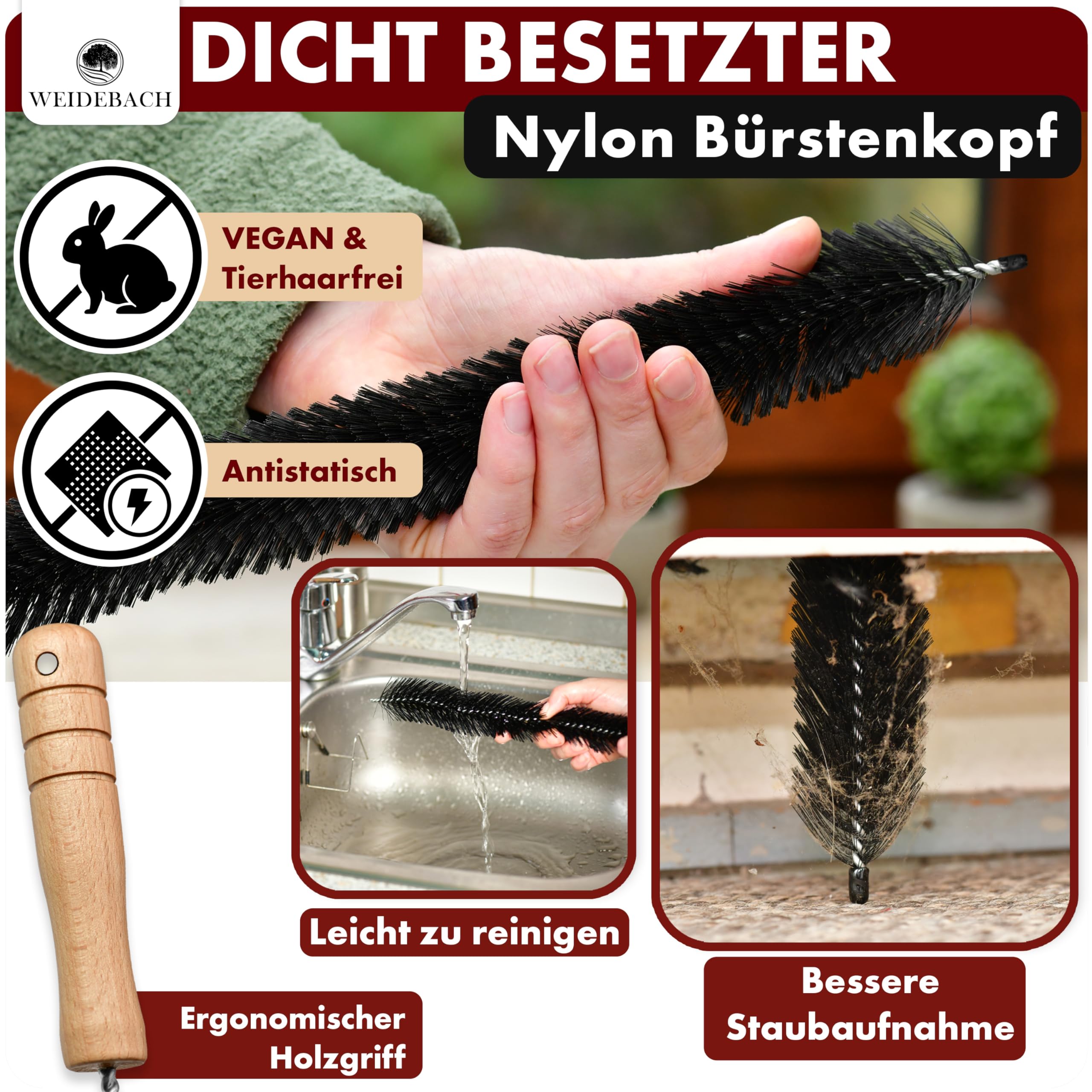 WEIDEBACH 2 x szczotki do grzejników o łącznej długości 125 cm z 1 x | mikrofibry (szczotka 110 cm) i 1 x nylonu (szczotka 75 cm), V. 3.0 szczotki do czyszczenia grzejników odporne na sierść
