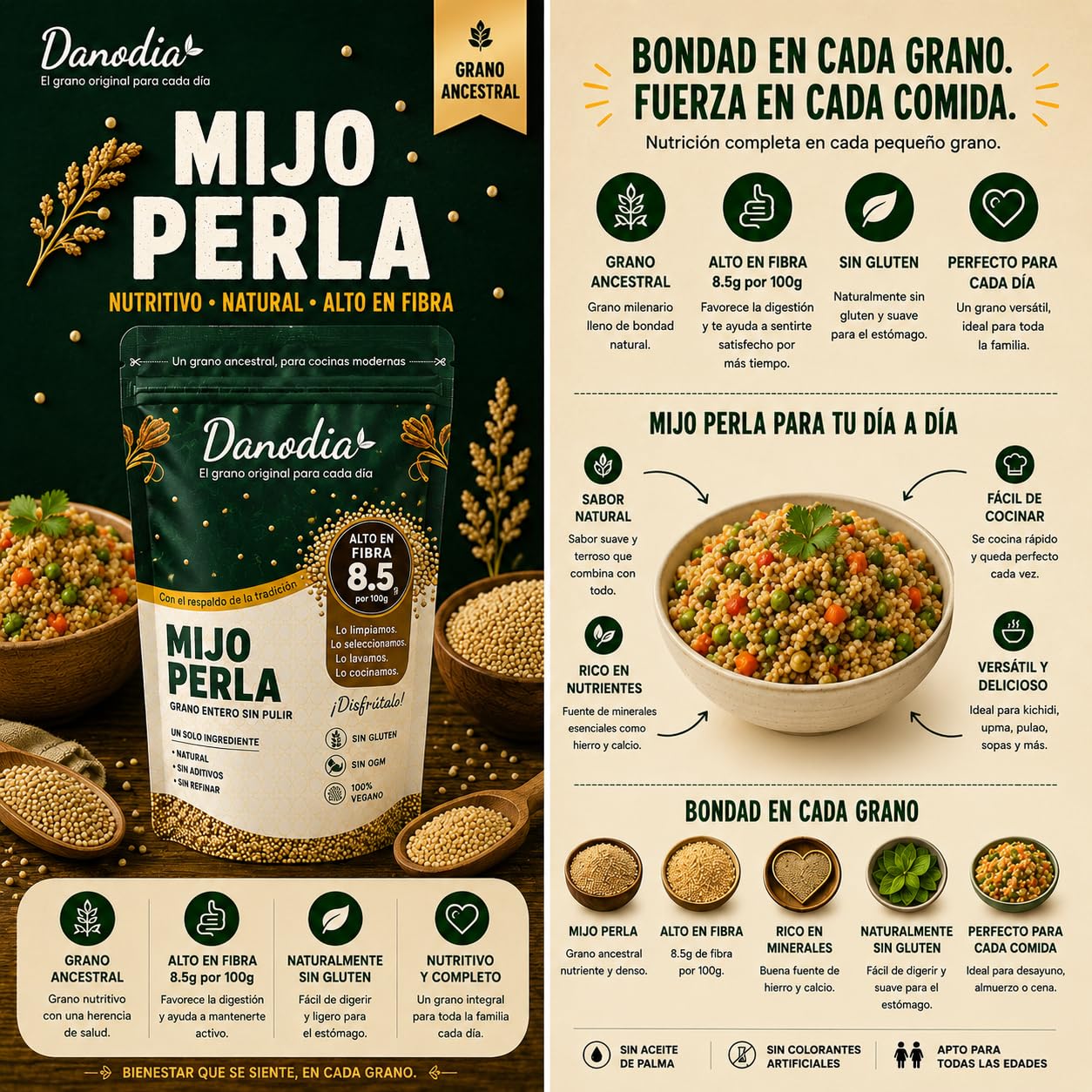 Danodia Foods Mijo Perla Pearl Millet Integral No Pulido 950 g / 2 lb, Cereal de Grano Entero Sin Gluten, Alto en Fibra 8,5 g por 100 g, No OGM, Vegano