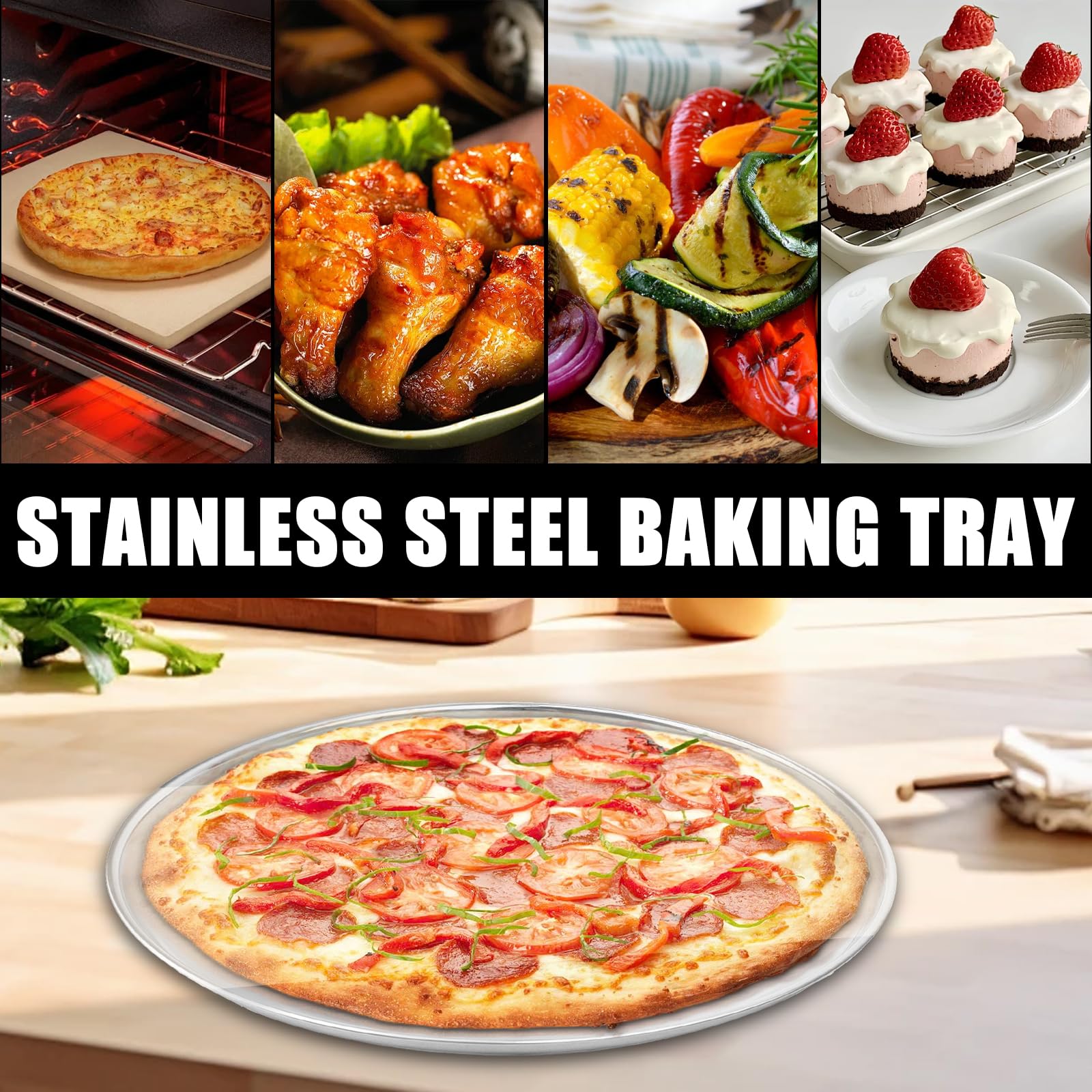 GOMETY 4 Teglie per Pizza Rotonde in Colore Acciaio Inox, 30CM Teglia per Pizza in Acciaio Inox, Set da Forno per Pizza in Acciaio al Carbonio Rivestita, Teglia per Pizza, Sana e Non Tossica, Facile