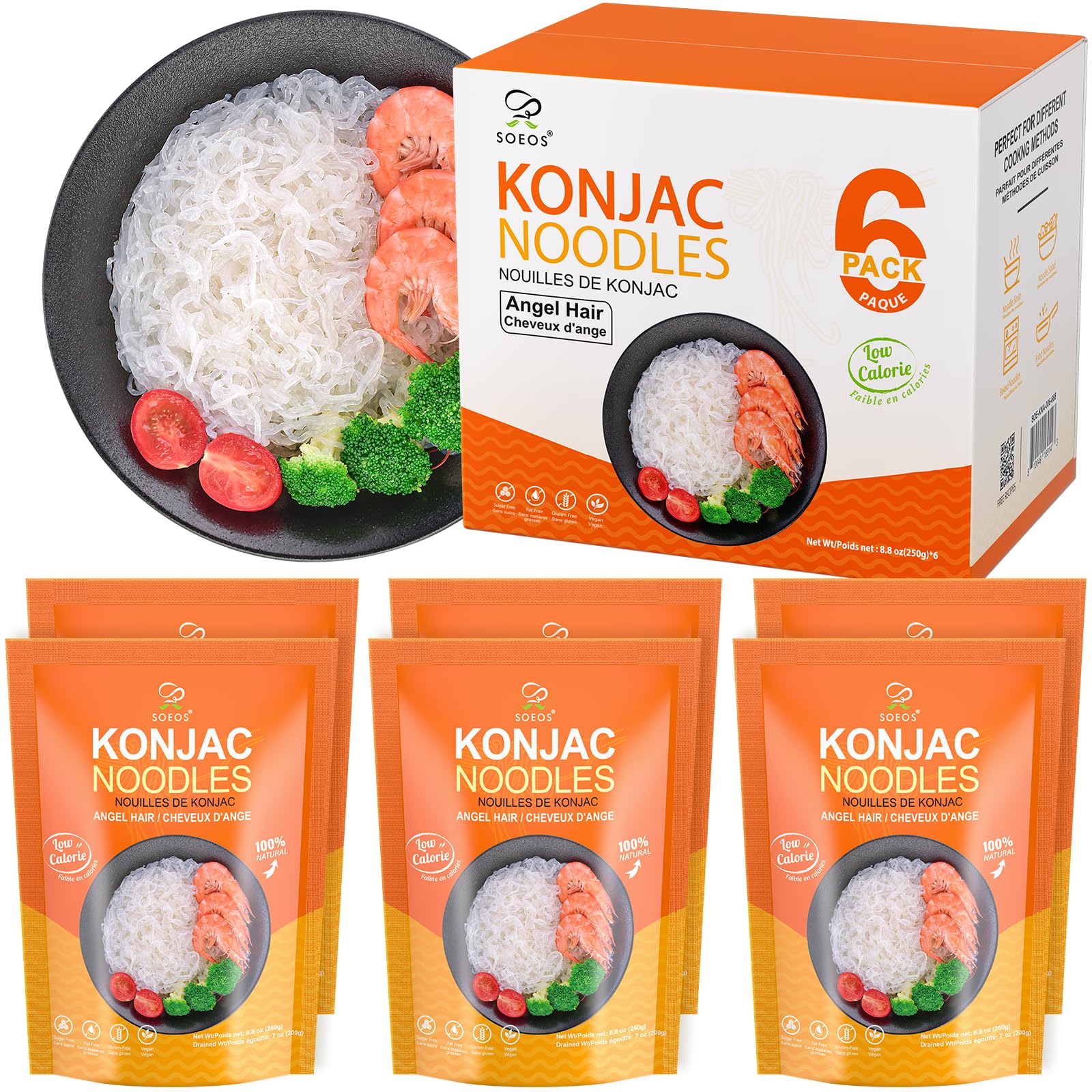 Soeos Konjac Noodles, Angel Hair Pasta, 8.8 oz (250g)*6 Pack, Low Calorie, Low Carb, Keto and Paleo Friendly Shirataki Noodle, Gluten-Free, Fat Free, Sugar Free, Vegan