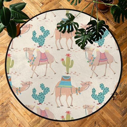Miniatura 7 de Cartoon Camel Cactus Round Rug 5ft Circular Area Rug Washable Non-Slip Circle Rug for Living Room Bedroom Office Home Holiday Decor Carpet