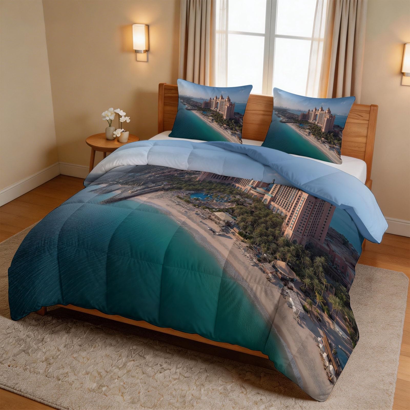 Surreal City Beach King Blue zestaw pościeli z 2 poszewkami na poduszki (50 x 75 cm) i 10,5 Tog, całoroczna kołdra z mikrofibry i hipoalergiczna, antyalergiczna pościel, 230 x 220 cm, łatwa