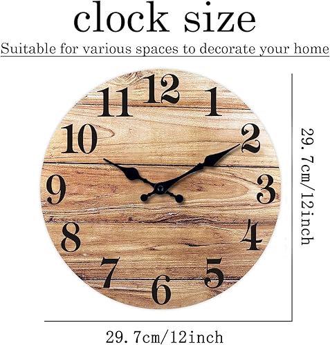 Miniatura 6 de XNM Reloj de pared redondo de madera para cocina de 12 pulgadas, reloj de pared pequeño, funciona con pilas, reloj de pared marrón silencioso (MDF