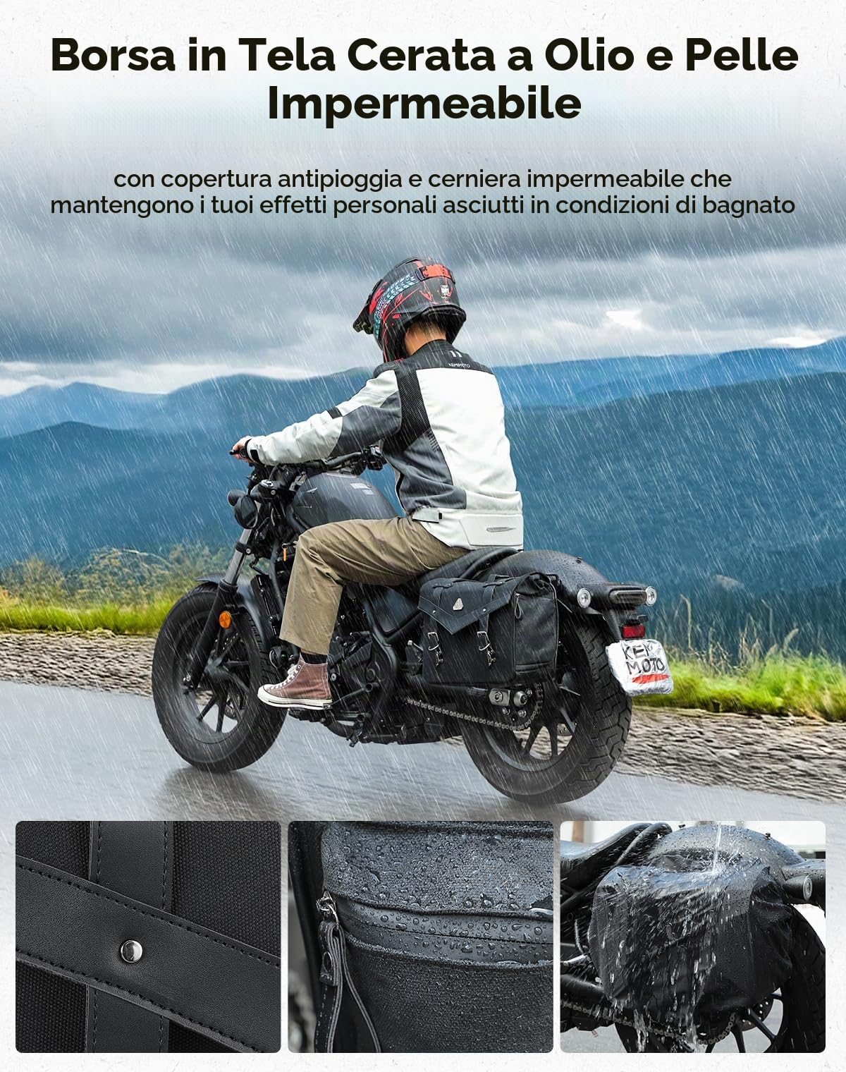KEMIMOTO Borsa Laterale Moto Impermeabile Vintage Olio Cerato Tela Pelle