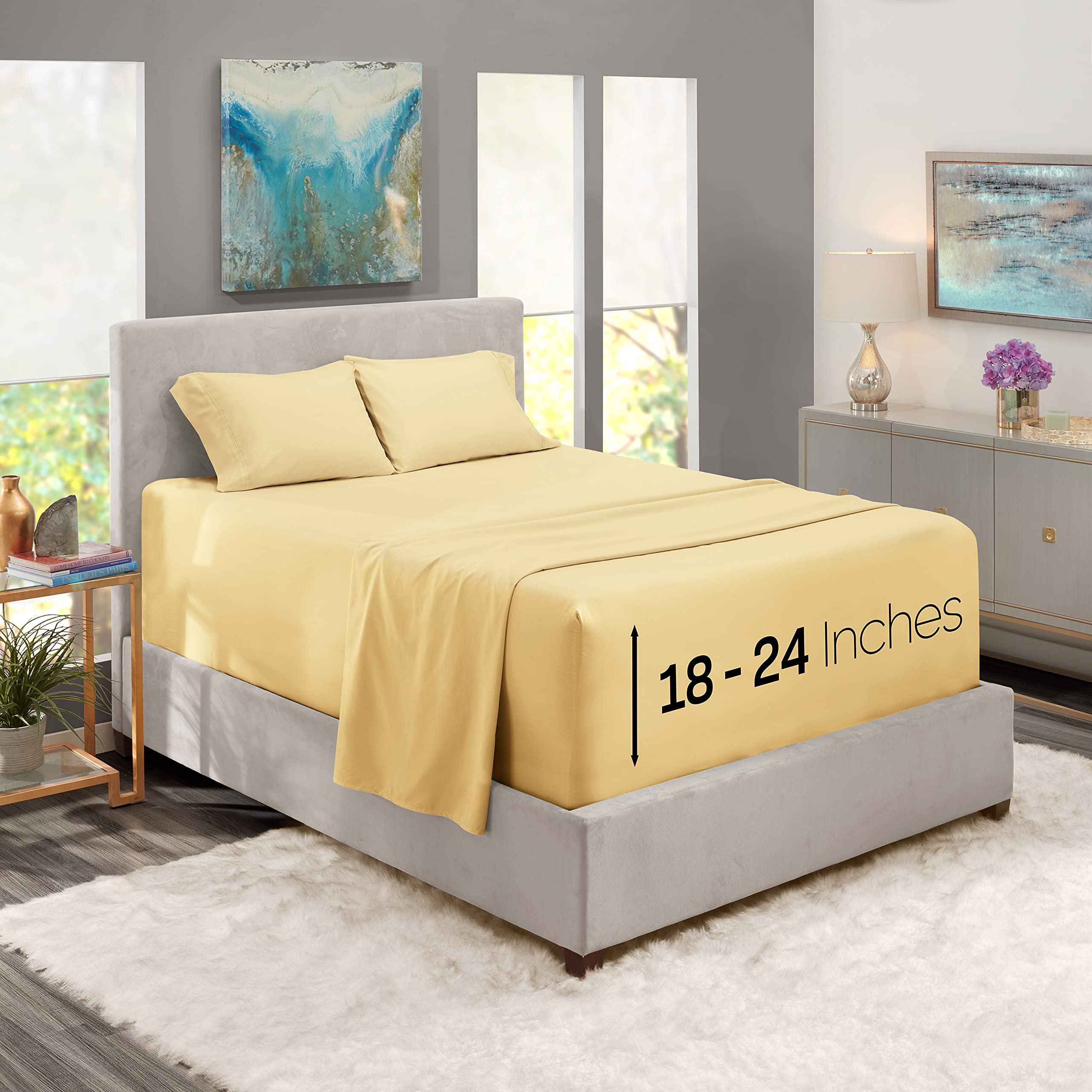 Nestl Twin Size Sheet Set, 4 Piece Extra Deep Pocket (18-24 inches), Microfiber, Hotel Luxury, Soft, Breathable, Wrinkle-Free, Easy to Care, Vanilla Yellow