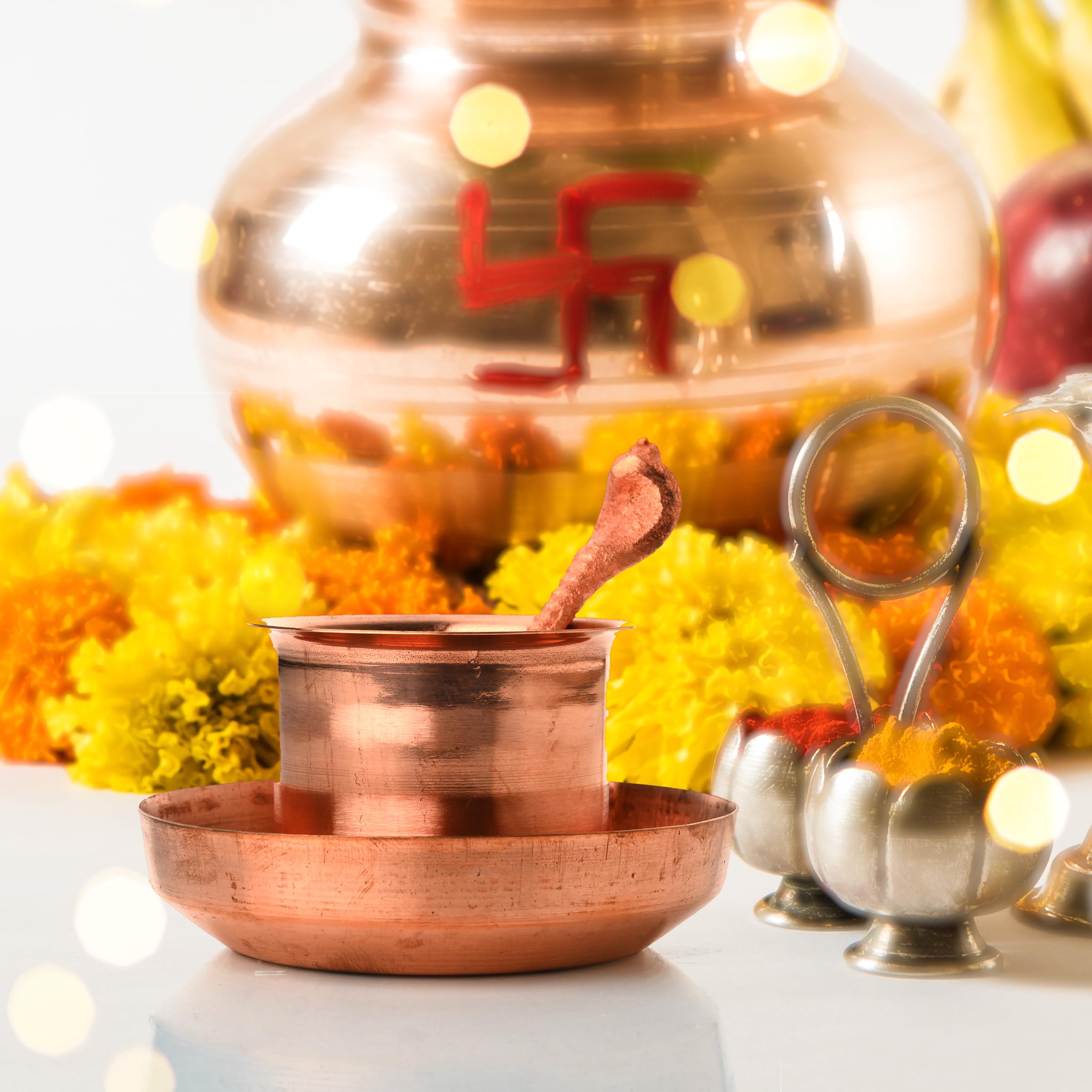Traditionelle indische Panch Patra Lota Prasad Teller mit Achmani Löffel Pooja Utensilien Zubehör Artikel für Mandir Tempel Festival Pooja Zweck religiöse Anlässe (Panchpatra Set - 3-teilig)