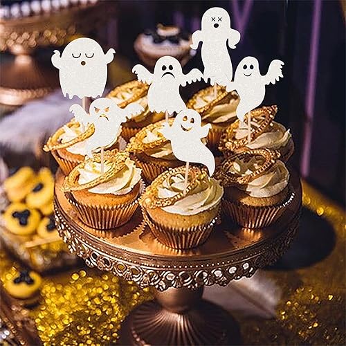 Miniatura 7 de Rsstarxi 30 decoraciones de Halloween para magdalenas de fantasmas con purpurina blanca espeluznante para cupcakes de Halloween, decoración de