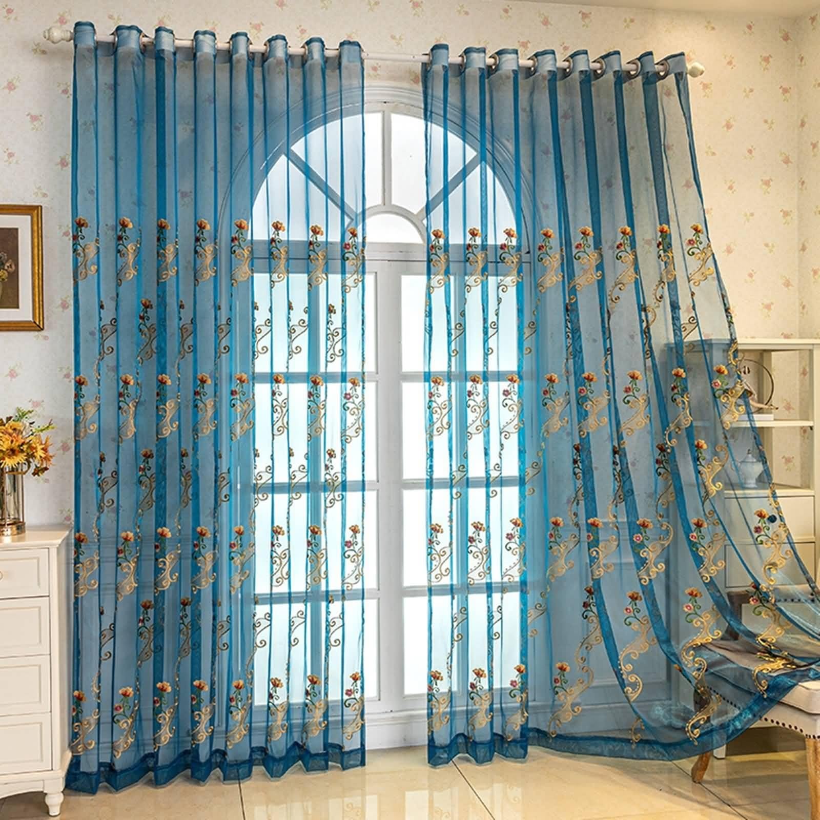 Wycian Scheibengardine Vorhang Blumen Blau Voile 2er Pack Halbtransparent mit Aufgestickter Blumenranke H229 x B107 cm (2er Pack) Polyester