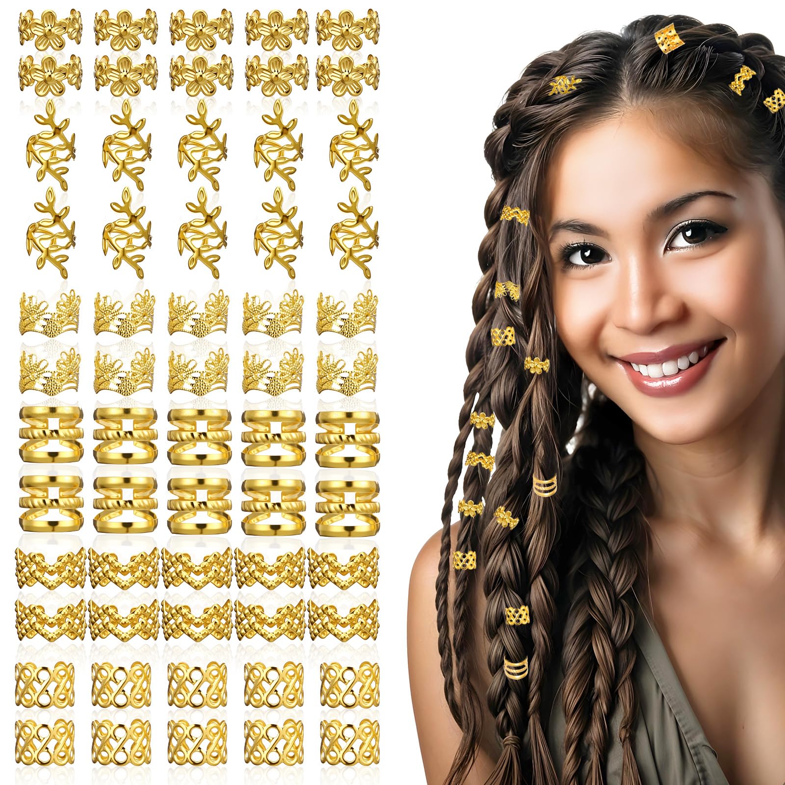 Ouligay Joyería para el Cabello 60 Piezas, Adornos Dorados para Trenzas, Anillos de Cabello Dorados, Accesorio Pirata