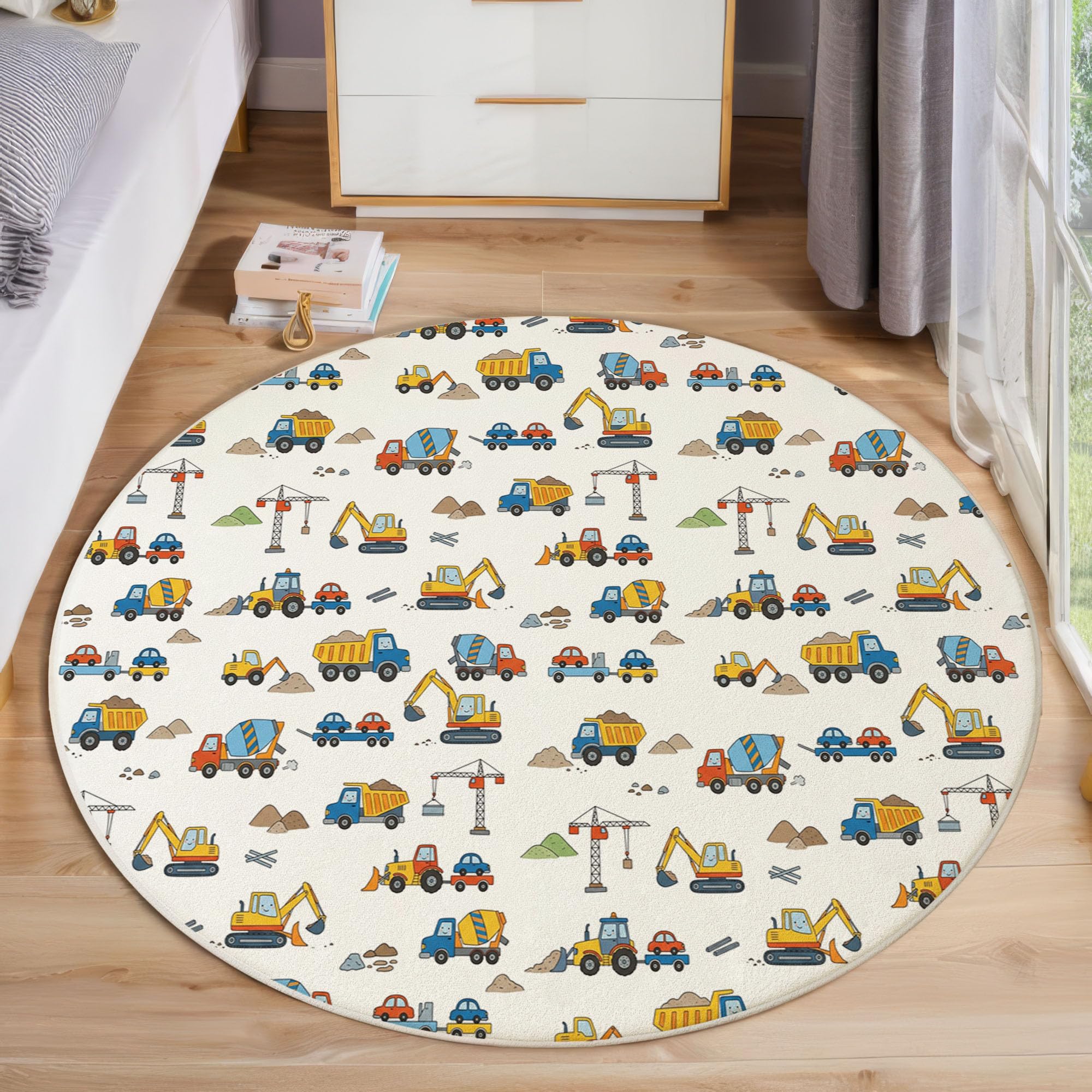 Tappeto Rotondo Bambini Veicolo Costruzione Cartoni Animati Tappeto a Pelo Corto Escavatori Autobetoniere Antiscivolo, Lavabile per Salotto, Cameretta dei Bambini, Dimensione: 100cm, Bianco