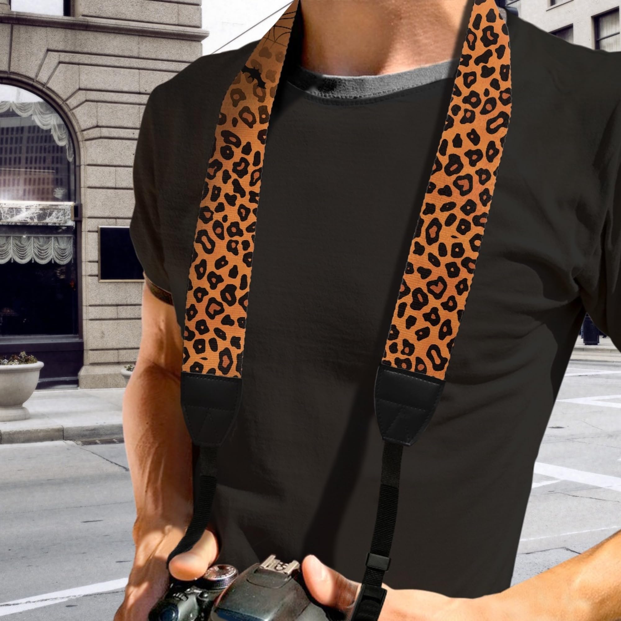 GLENLCWE Orange Bat Leopard Print Camera Strap,Halloween Canvas Shoulder Neck Strap Belt with Buckles Fit All Cameras,2''Wide Strap for Adults Kids Photographers