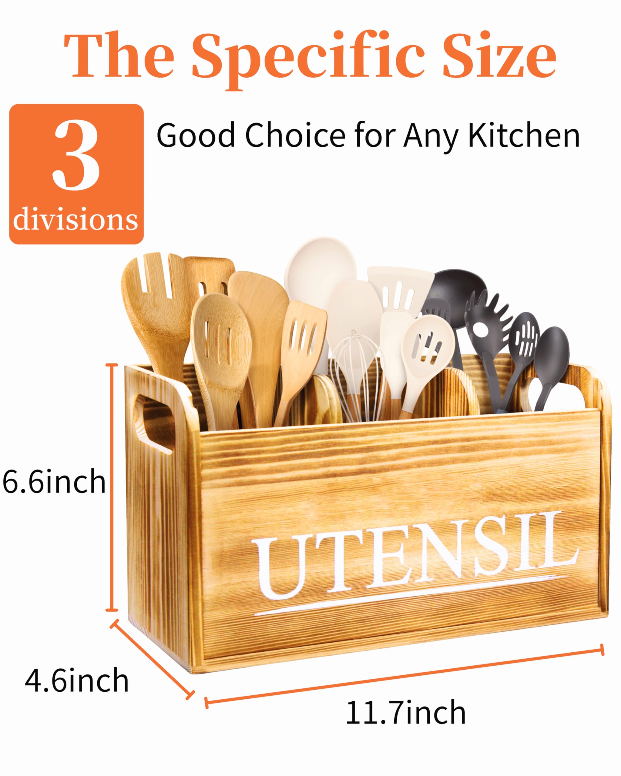 RedCall Portautensili Da Cucina In Legno Massello Rustico - Organizer Da Banco Con 3 Scomparti, Per Spazzole E Spezie - 5