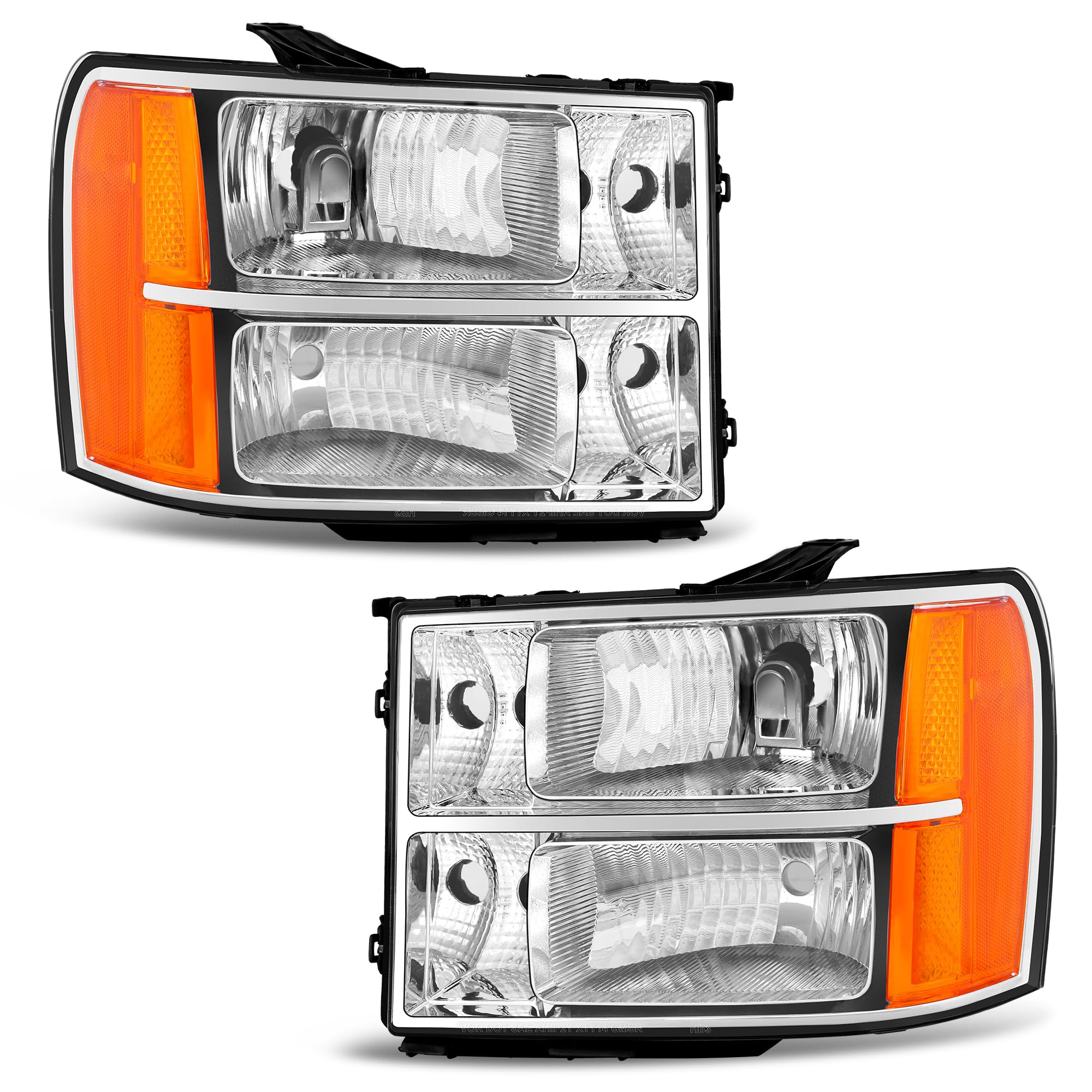 Headlight Assembly Fit For 2007-2013 GMC Sierra 1500/2007-2014 GMC Sierra 2500HD 3500HD 07 08 09 10 11 12 13 14 GMC Sierra Headlamp (Chrome Housing Amber Reflector)