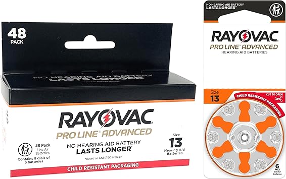 Rayovac Proline Advanced Hearing Aid Batteries | Size 13 | Worlds Longest Lasting Battery | Child-Resistant Packaging 48