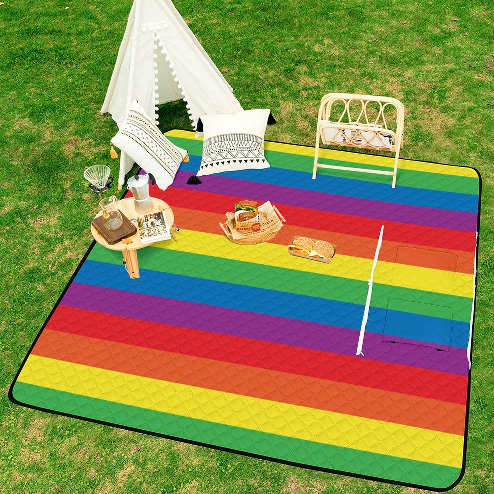 Picknickmatte mit Reißverschluss, Regenbogen-Picknickdecke, Outdoor-Teppiche, 200 x 200 cm