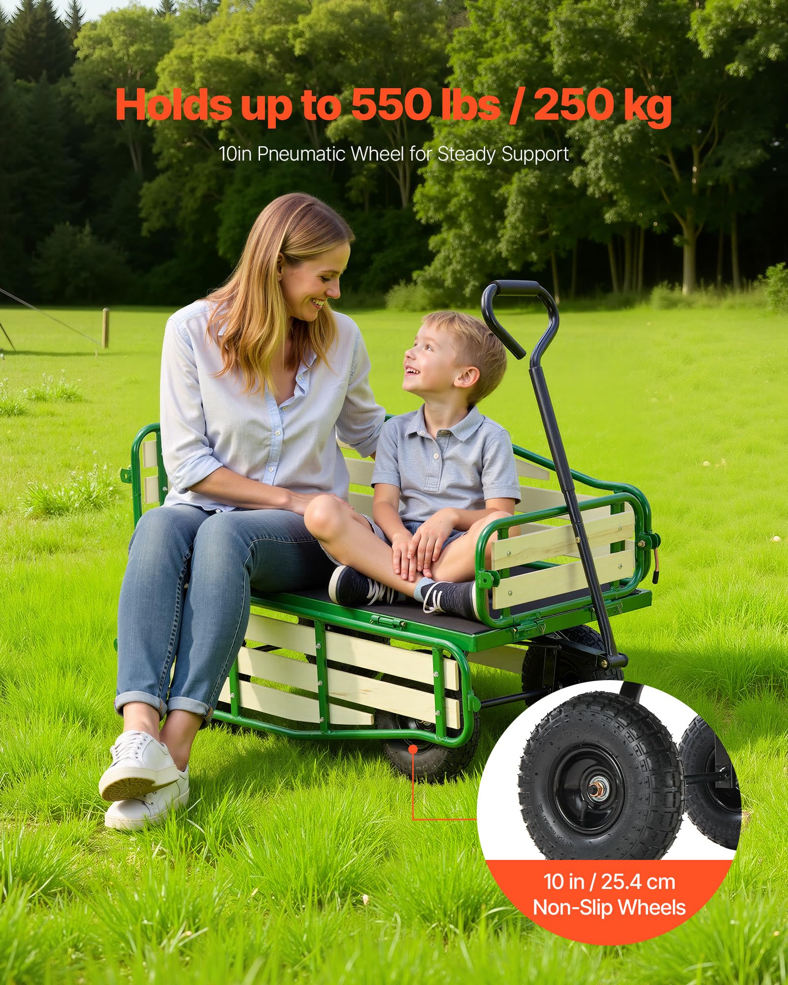 VEVOR Chariot à Tirer Enfants 102 cm Chariot Enfant Tout-Terrain pour Tout-Petits, Cadeau Anniversaire, Jardinage, Plage, Camping, Aventures en Plein Air, Charge 250 kg, avec Panneaux Bois, Poignée