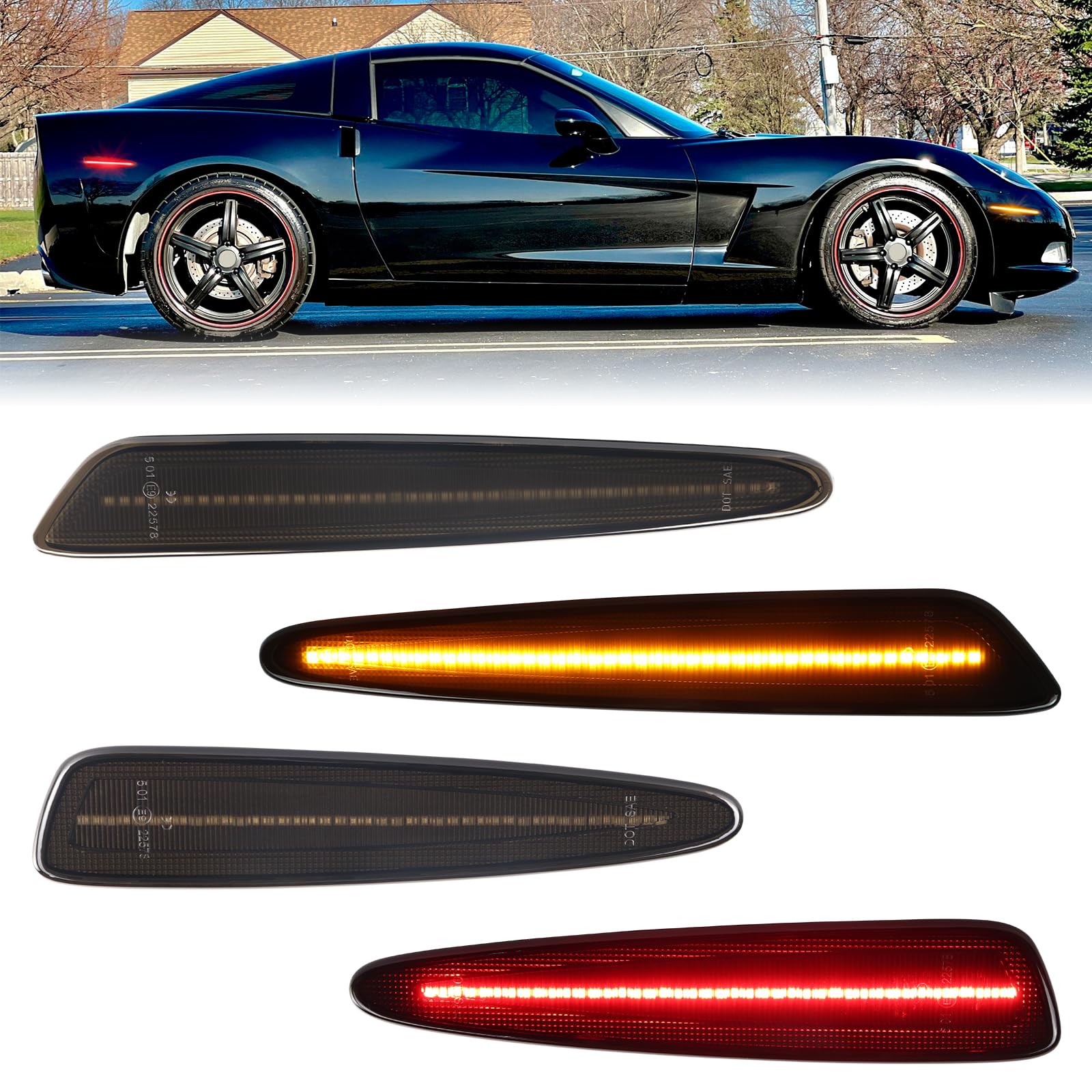 LED Seitenmarkierungsleuchten Kits kompatibel mit 2005-2013 Chevy C6 Corvette, geräucherte Linse Stoßstange Seitenmarkierungsleuchten Montage Ersatz