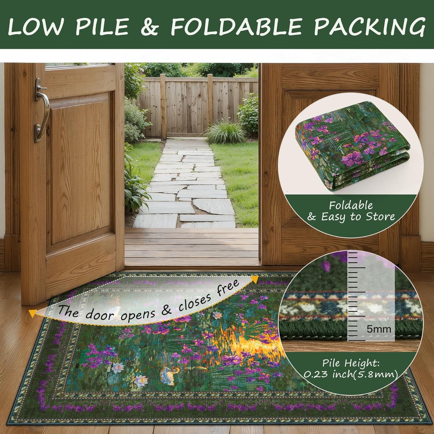 SERISSA 2x3 Small Area Rug for Entryway, Washable Impressionist Floral Indoor Doormat, Non-Slip Low Pile Accent Rug for Entrance Kitchen Bedroom Laundry Room, Green