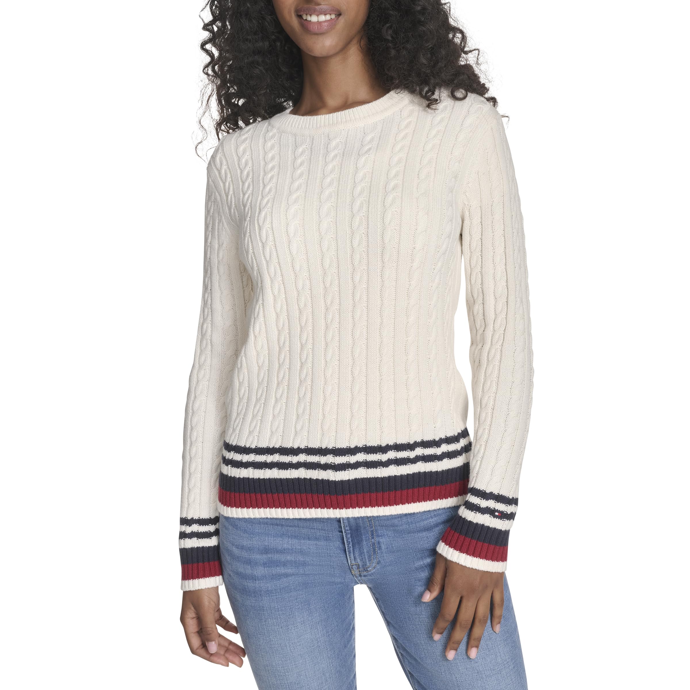 Tommy Hilfiger Women's Ivory Multi Cotton Crewneck Cable Sweater, Xs