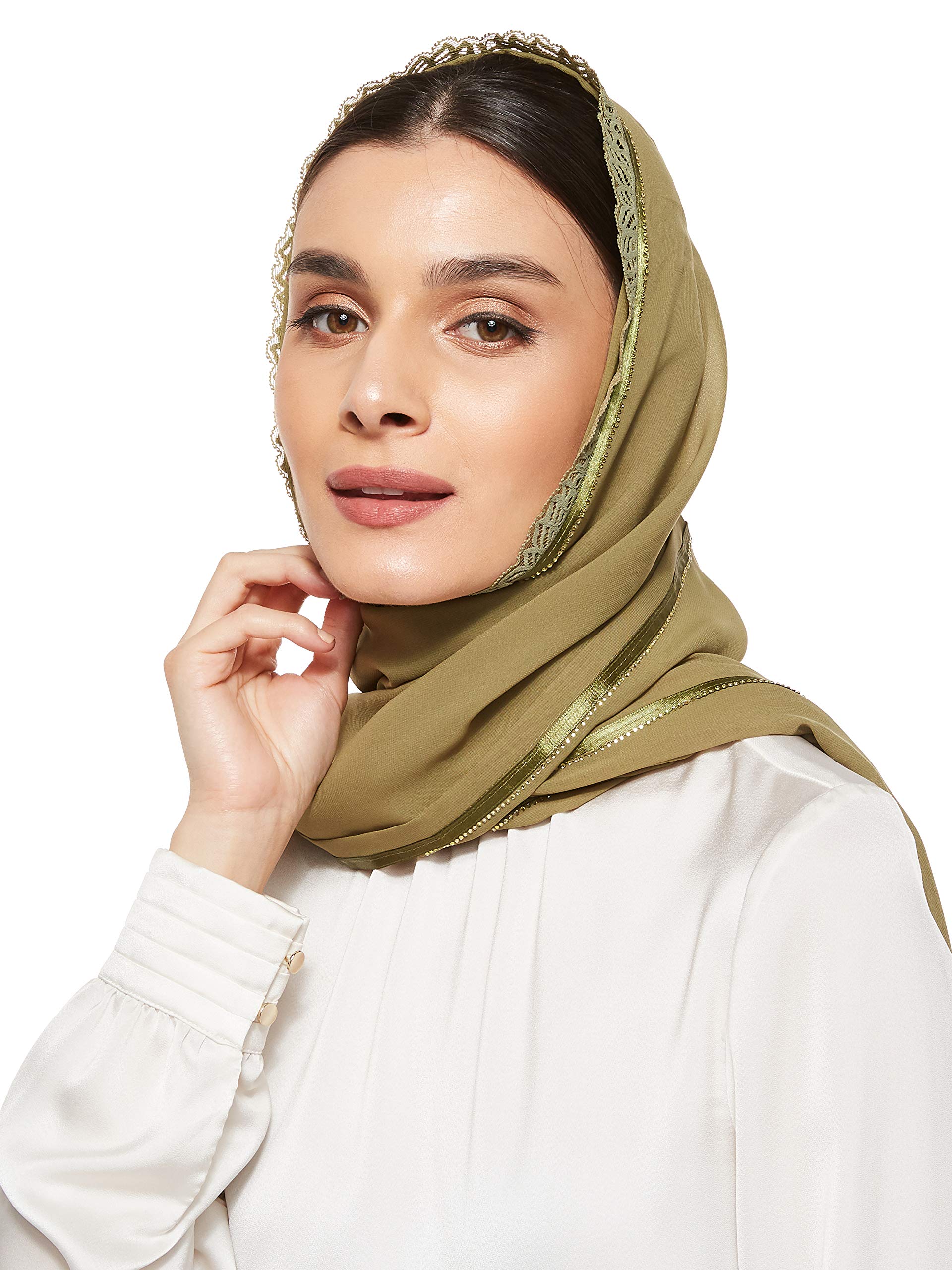 SHADOWWomen's Dujalil Soft Chiffon Hijab Shailah With Fancy Embroidery Lace and Stone Work Islamic Arab Muslim Scarf Headscarf Shawl Abaya