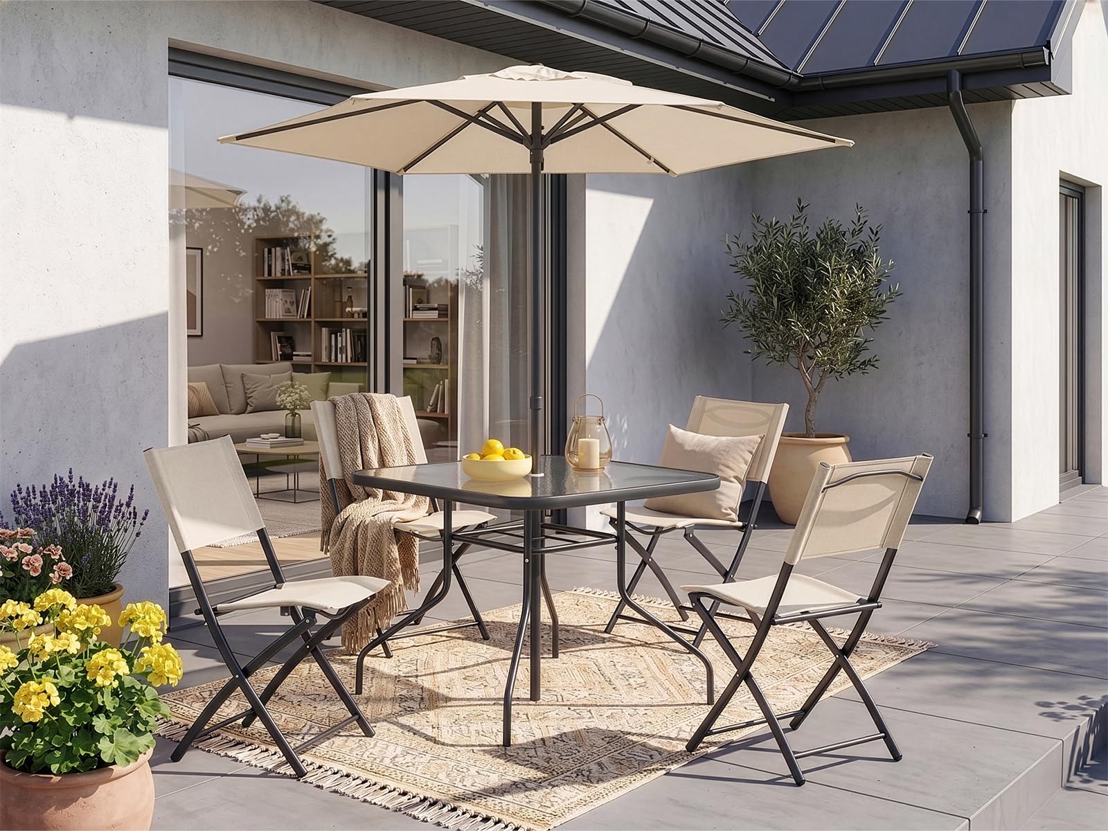 Home Collective Juego de muebles de jardín para balcón, juego de comedor al aire libre, muebles de terraza, 6 piezas, 4 sillas plegables, 1 mesa de cristal, 1 sombrilla, resistente a la intemperie