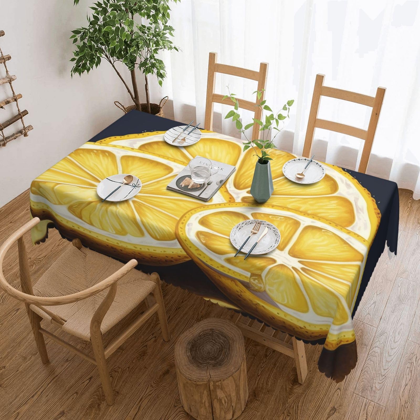 Nappe rectangulaire anti-tache lavable en machine avec imprimé citron pour table de salle à manger